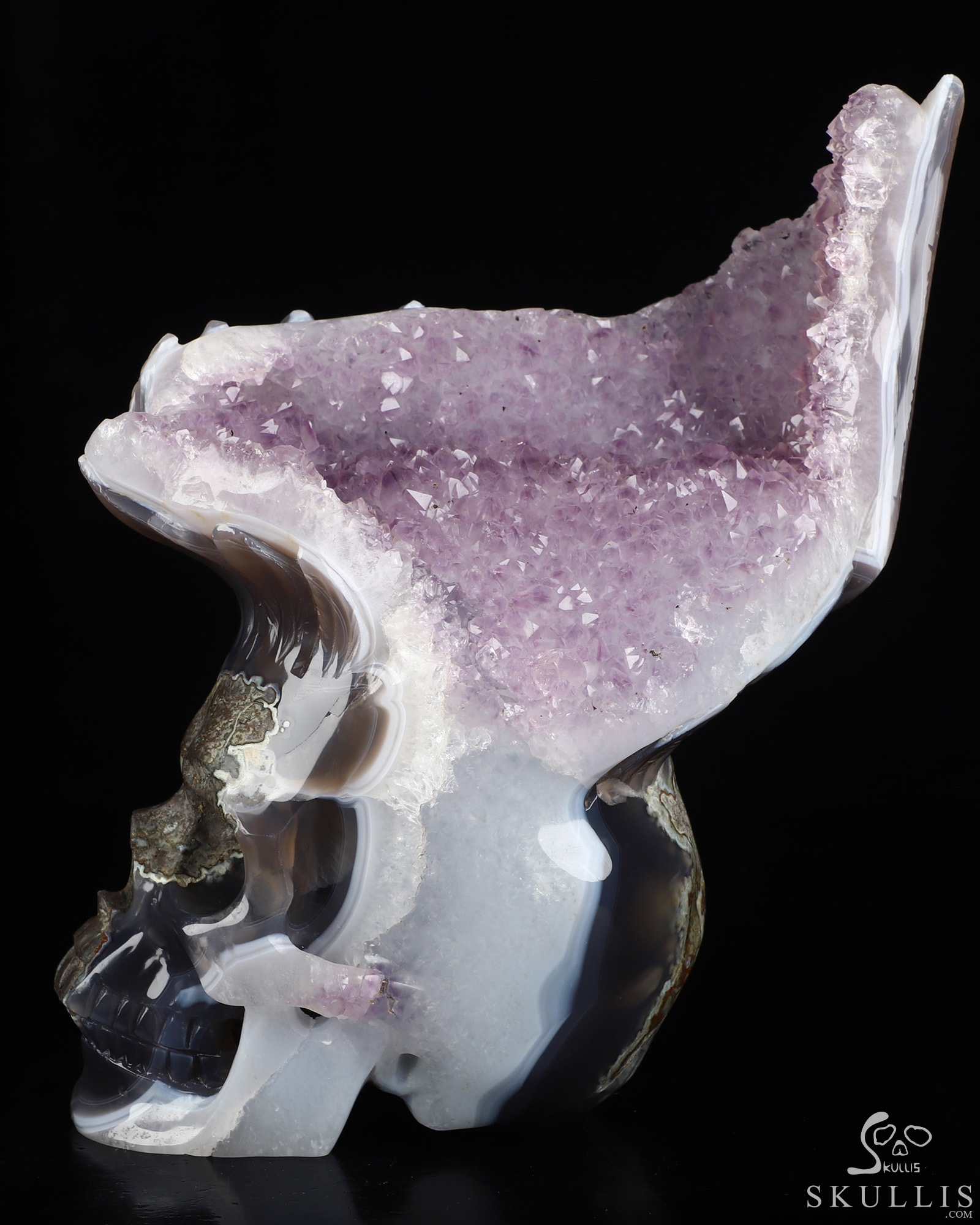 9.3" Agate Amethyst Druse Hand Carved Crystal Skull Fine Art Sculpture, Crystal Healing 9.3" Agate Amethyst Druse Hand Carved Crystal Skull Fine Art Sculpture, Crystal Healing