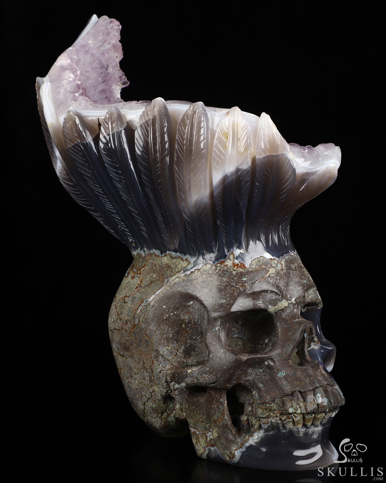 9.3" Agate Amethyst Druse Hand Carved Crystal Skull Fine Art Sculpture, Crystal Healing 9.3" Agate Amethyst Druse Hand Carved Crystal Skull Fine Art Sculpture, Crystal Healing