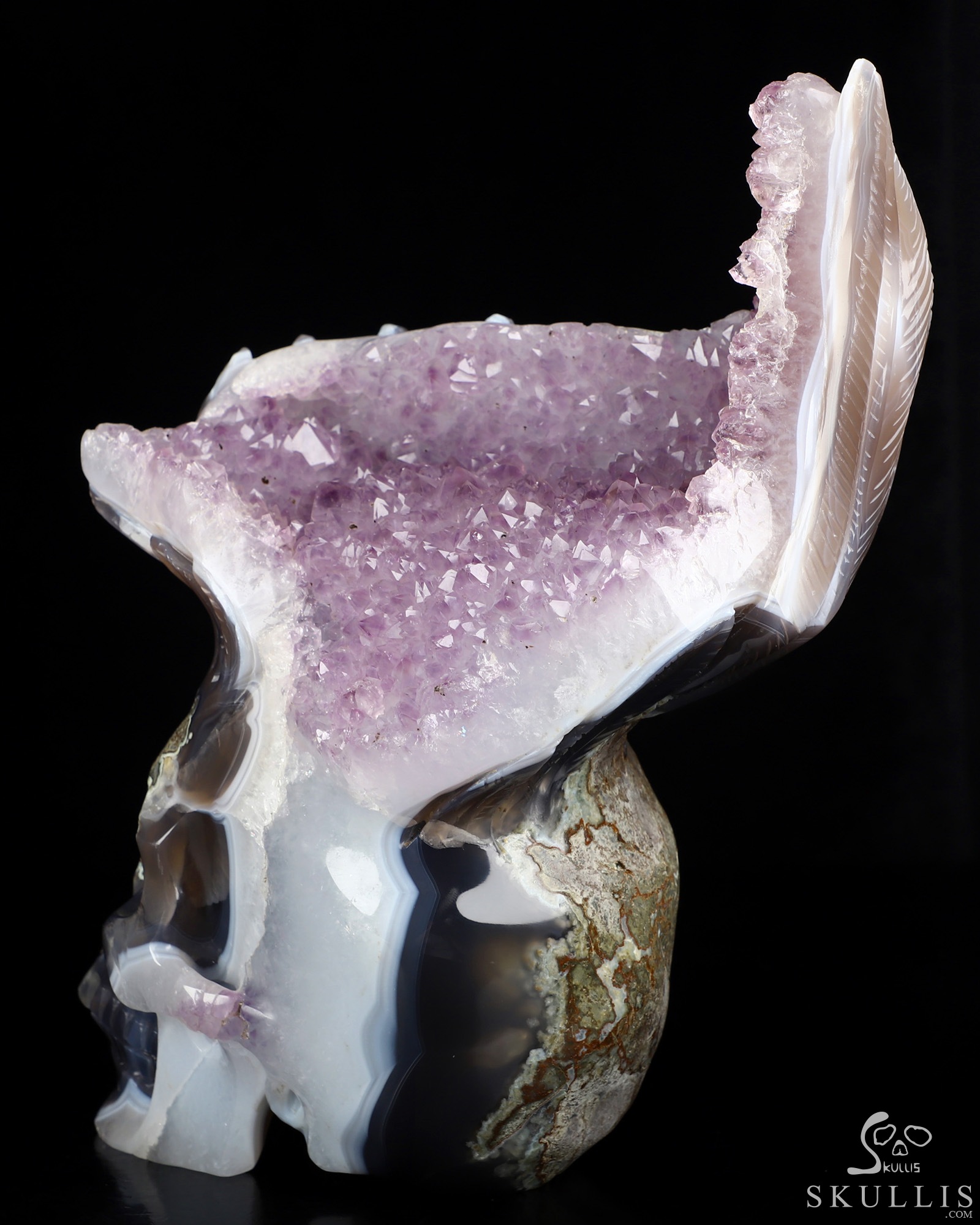 9.3" Agate Amethyst Druse Hand Carved Crystal Skull Fine Art Sculpture, Crystal Healing 9.3" Agate Amethyst Druse Hand Carved Crystal Skull Fine Art Sculpture, Crystal Healing