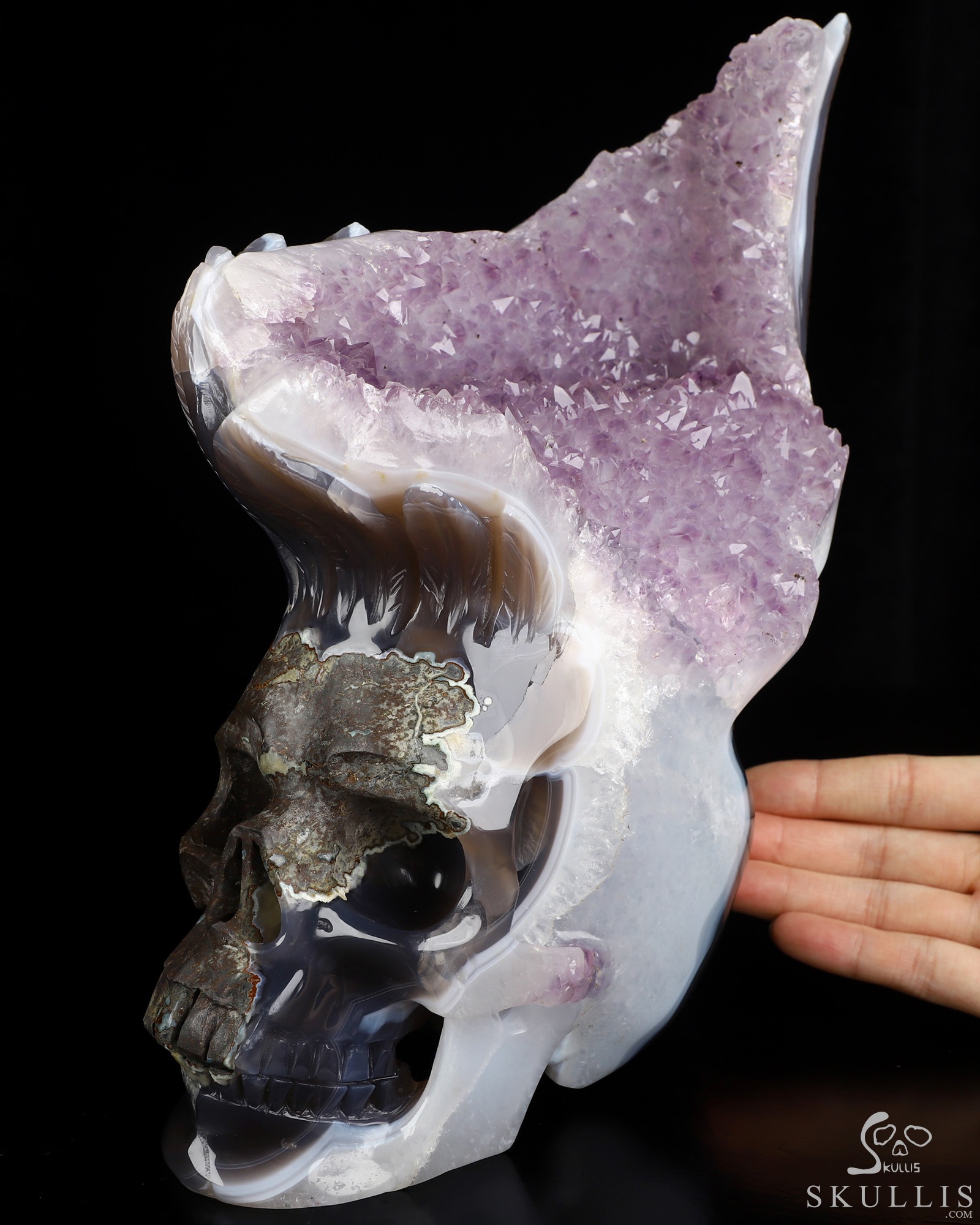 9.3" Agate Amethyst Druse Hand Carved Crystal Skull Fine Art Sculpture, Crystal Healing 9.3" Agate Amethyst Druse Hand Carved Crystal Skull Fine Art Sculpture, Crystal Healing