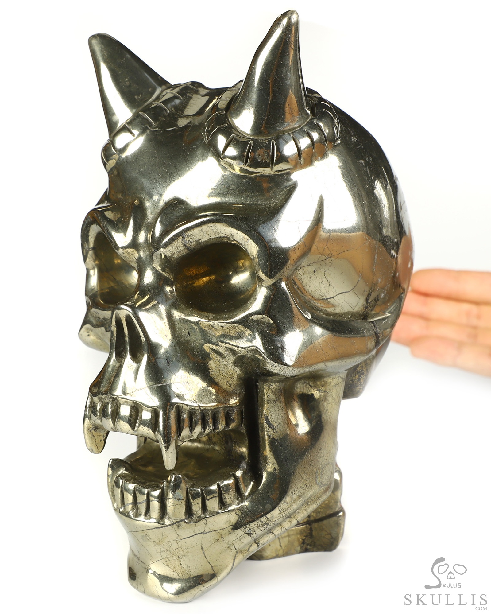 Ring-Base Horned Skull - 6.8" Pyrite Hand Carved Crystal Skull Fine Art Sculpture, Crystal Healing Ring-Base Horned Skull - 6.8" Pyrite Hand Carved Crystal Skull Fine Art Sculpture, Crystal Healing