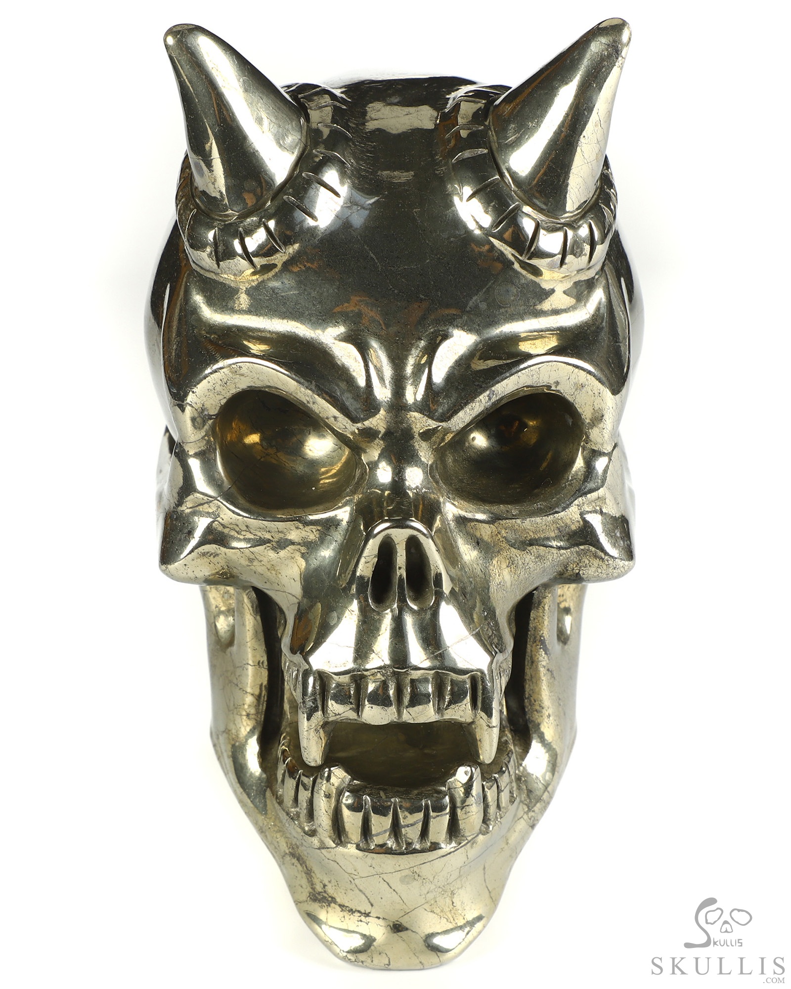 Ring-Base Horned Skull - 6.8" Pyrite Hand Carved Crystal Skull Fine Art Sculpture, Crystal Healing Ring-Base Horned Skull - 6.8" Pyrite Hand Carved Crystal Skull Fine Art Sculpture, Crystal Healing