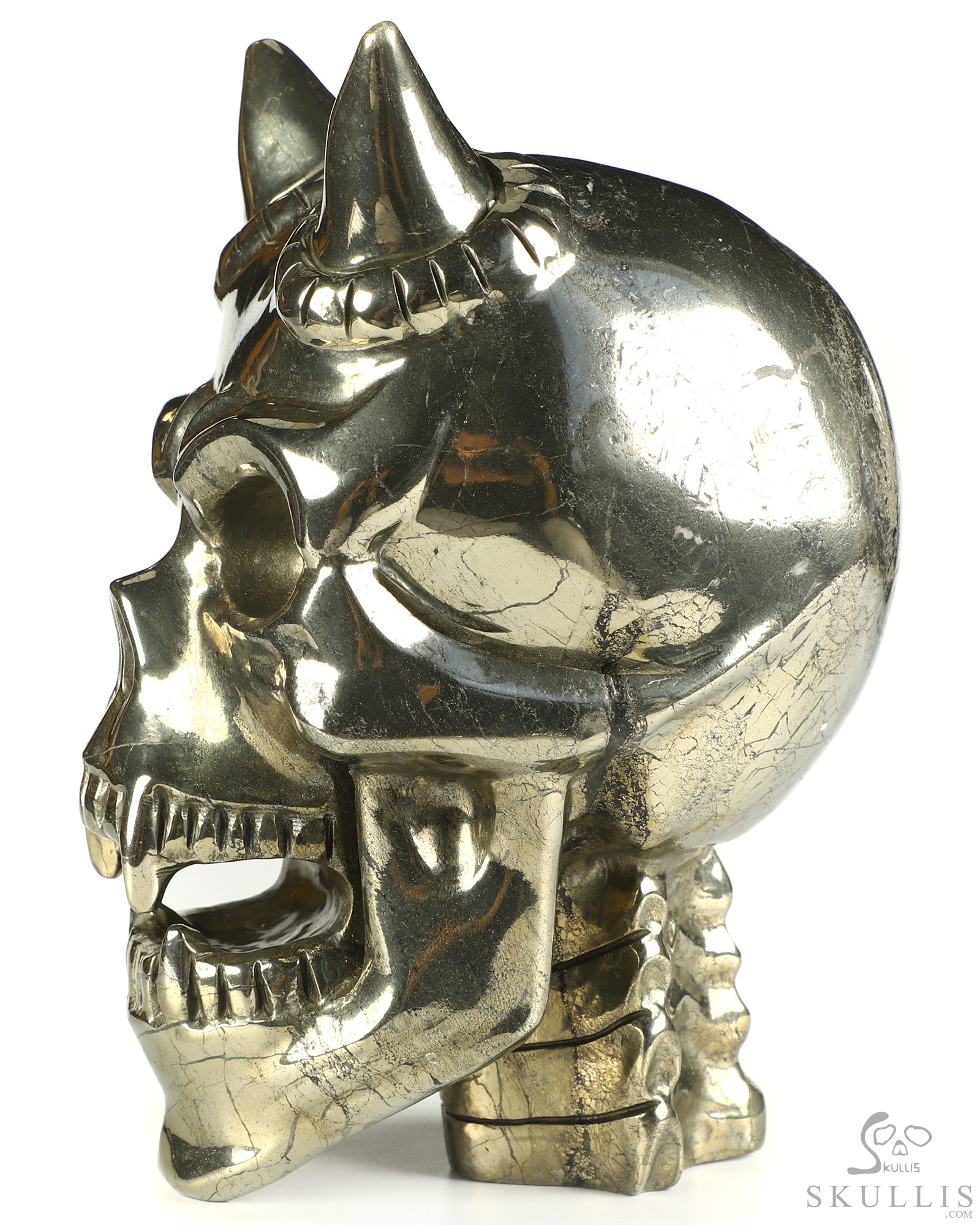 Ring-Base Horned Skull - 6.8" Pyrite Hand Carved Crystal Skull Fine Art Sculpture, Crystal Healing Ring-Base Horned Skull - 6.8" Pyrite Hand Carved Crystal Skull Fine Art Sculpture, Crystal Healing