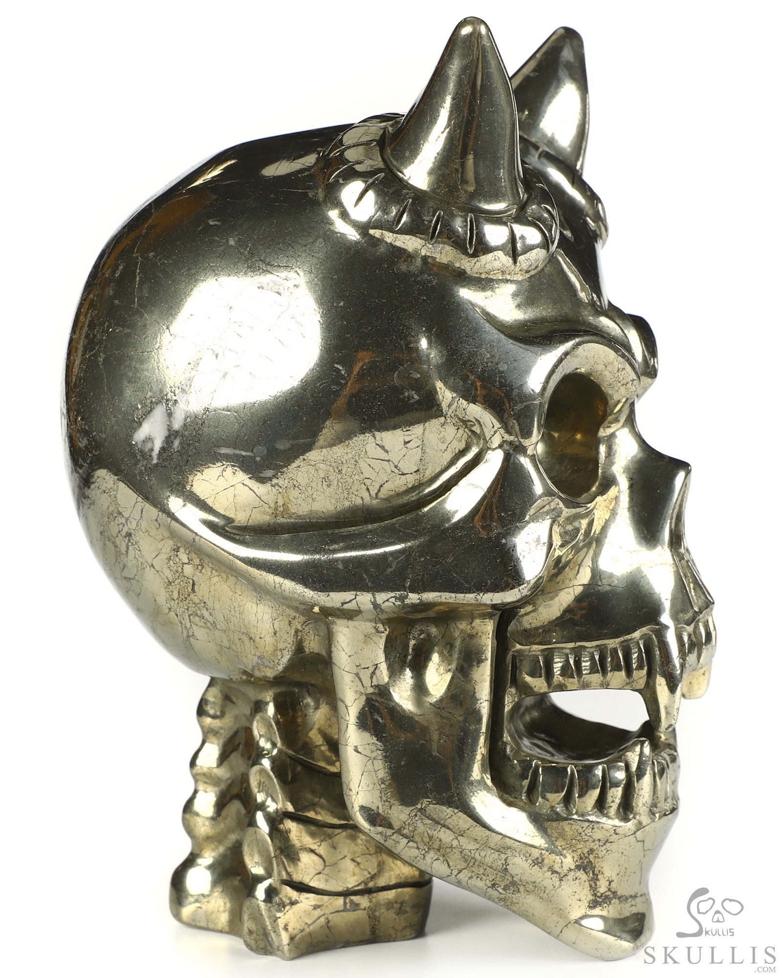 Ring-Base Horned Skull - 6.8" Pyrite Hand Carved Crystal Skull Fine Art Sculpture, Crystal Healing Ring-Base Horned Skull - 6.8" Pyrite Hand Carved Crystal Skull Fine Art Sculpture, Crystal Healing