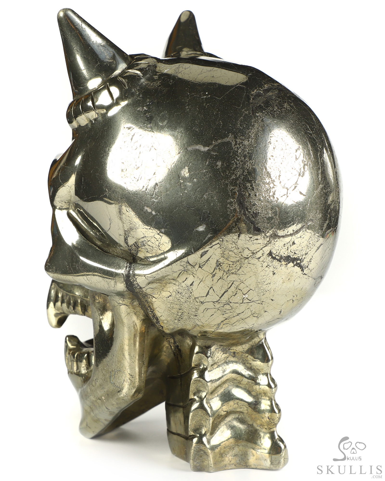 Ring-Base Horned Skull - 6.8" Pyrite Hand Carved Crystal Skull Fine Art Sculpture, Crystal Healing Ring-Base Horned Skull - 6.8" Pyrite Hand Carved Crystal Skull Fine Art Sculpture, Crystal Healing