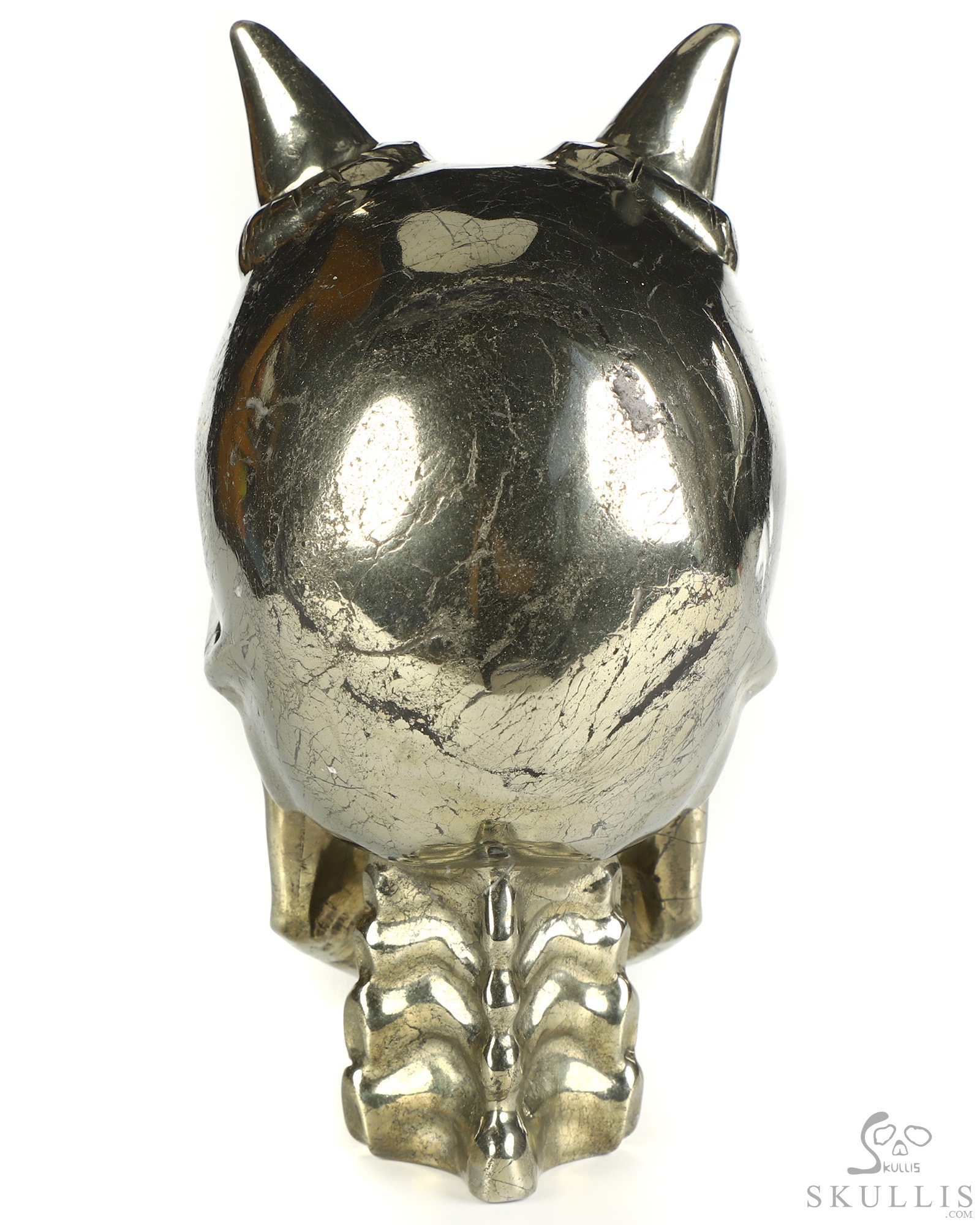 Ring-Base Horned Skull - 6.8" Pyrite Hand Carved Crystal Skull Fine Art Sculpture, Crystal Healing Ring-Base Horned Skull - 6.8" Pyrite Hand Carved Crystal Skull Fine Art Sculpture, Crystal Healing