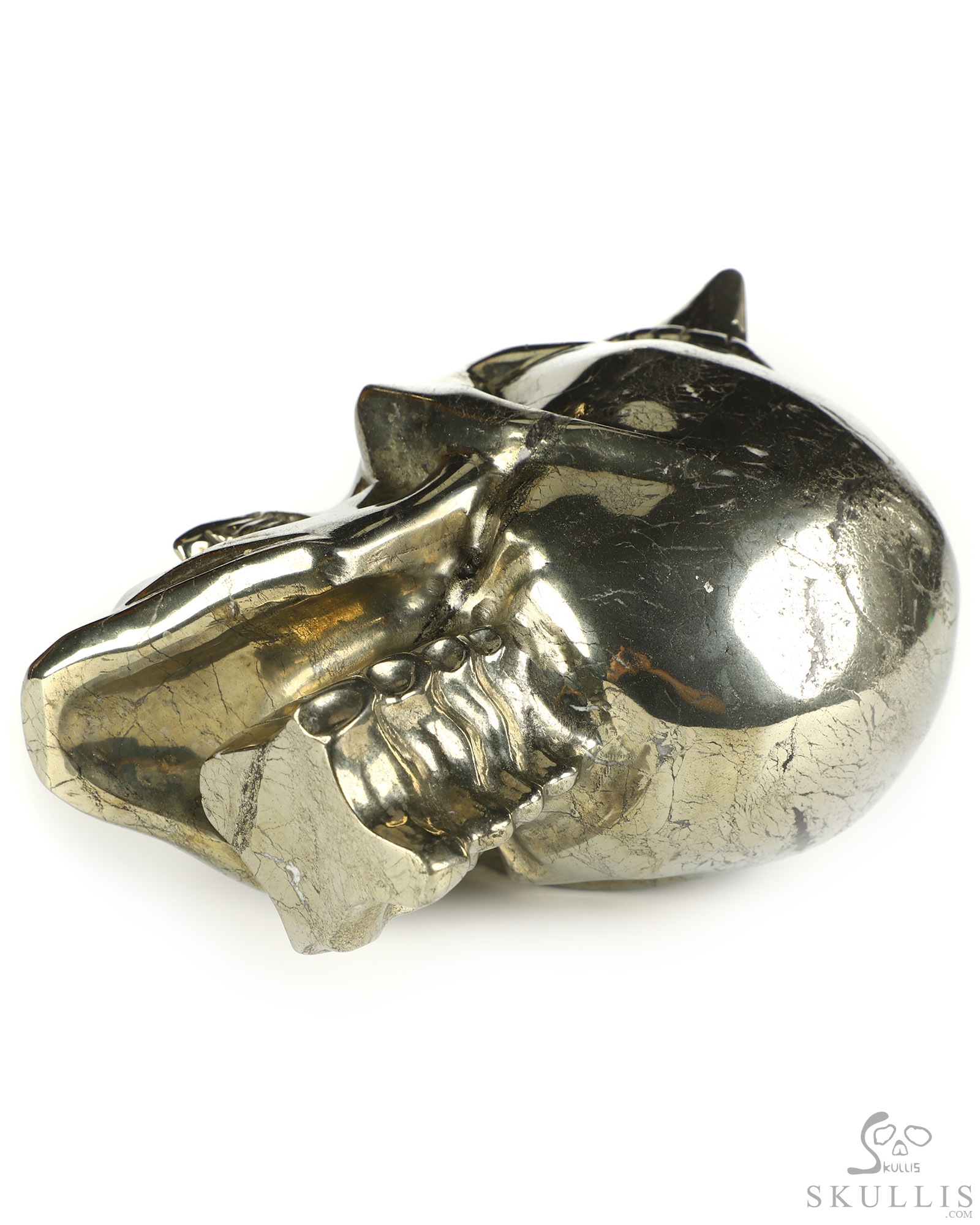 Ring-Base Horned Skull - 6.8" Pyrite Hand Carved Crystal Skull Fine Art Sculpture, Crystal Healing Ring-Base Horned Skull - 6.8" Pyrite Hand Carved Crystal Skull Fine Art Sculpture, Crystal Healing