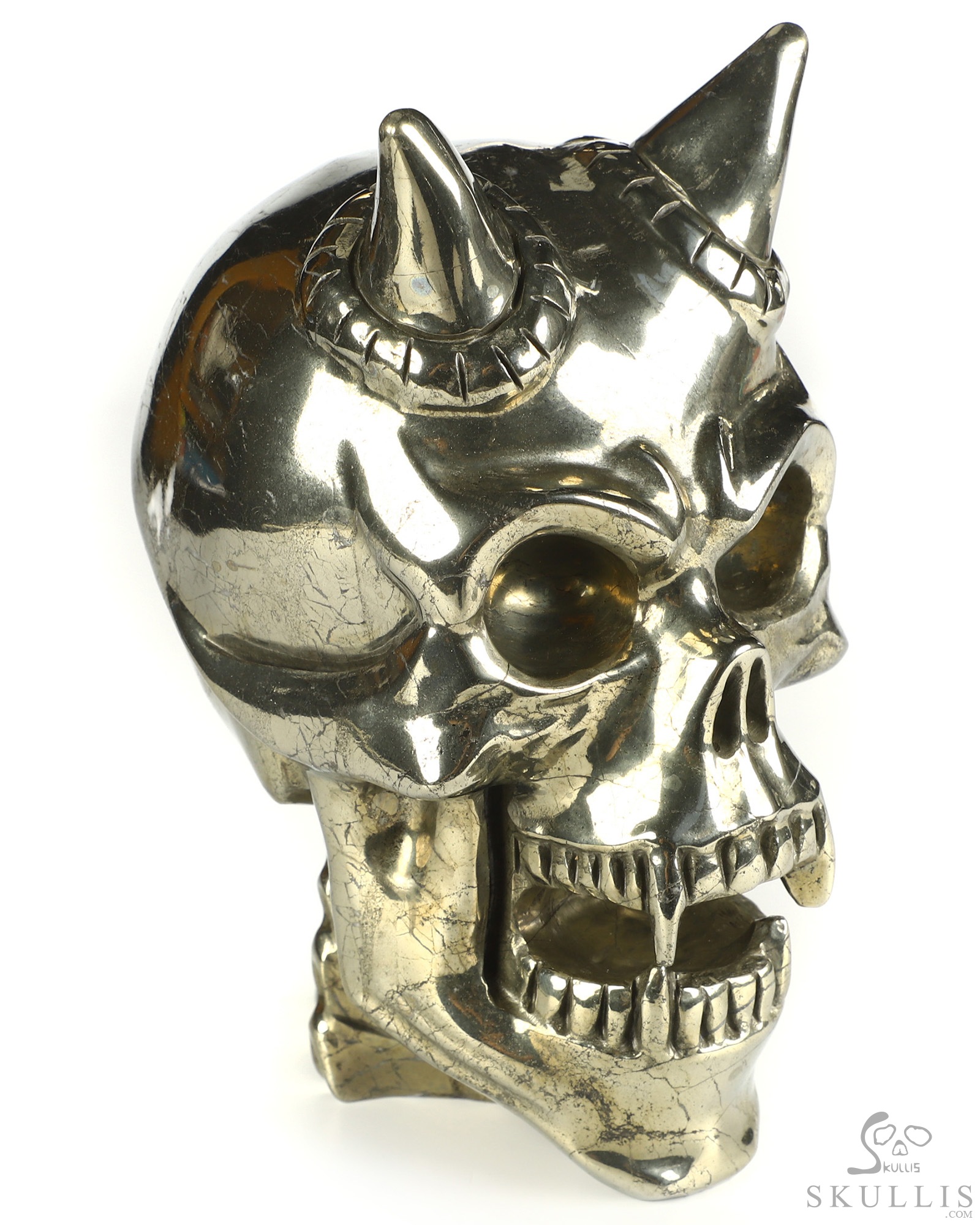 Ring-Base Horned Skull - 6.8" Pyrite Hand Carved Crystal Skull Fine Art Sculpture, Crystal Healing Ring-Base Horned Skull - 6.8" Pyrite Hand Carved Crystal Skull Fine Art Sculpture, Crystal Healing