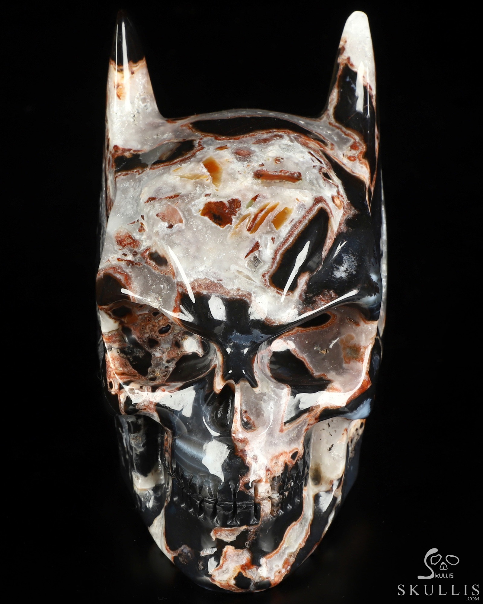 5.0" Black Zebra Agate Hand Carved Batman Crystal Skull Fine Art Sculpture, Crystal Healing 5.0" Black Zebra Agate Hand Carved Batman Crystal Skull Fine Art Sculpture, Crystal Healing