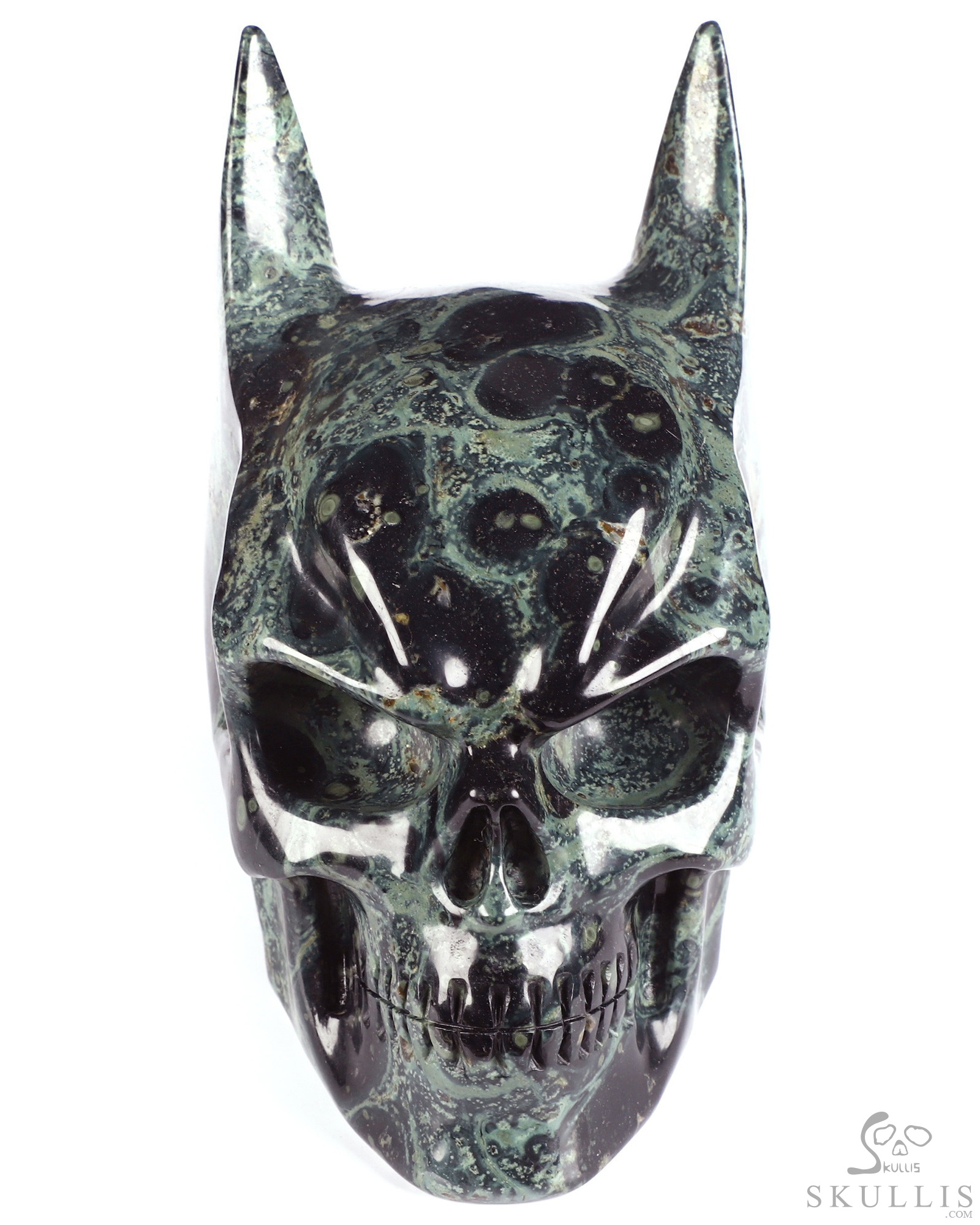 5.0" Kambaba Jasper Hand Carved Batman Crystal Skull Fine Art Sculpture, Crystal Healing 5.0" Kambaba Jasper Hand Carved Batman Crystal Skull Fine Art Sculpture, Crystal Healing