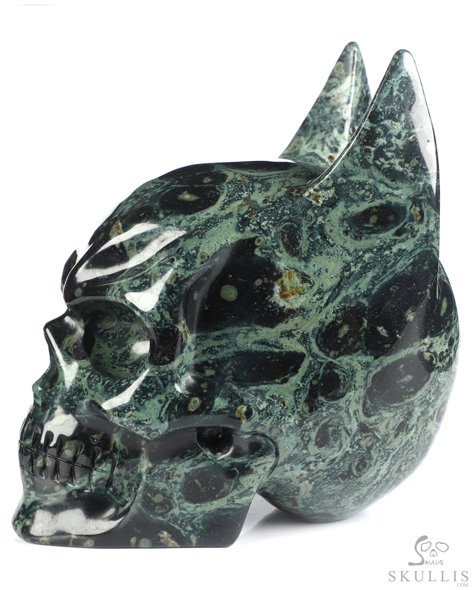 5.0" Kambaba Jasper Hand Carved Batman Crystal Skull Fine Art Sculpture, Crystal Healing 5.0" Kambaba Jasper Hand Carved Batman Crystal Skull Fine Art Sculpture, Crystal Healing