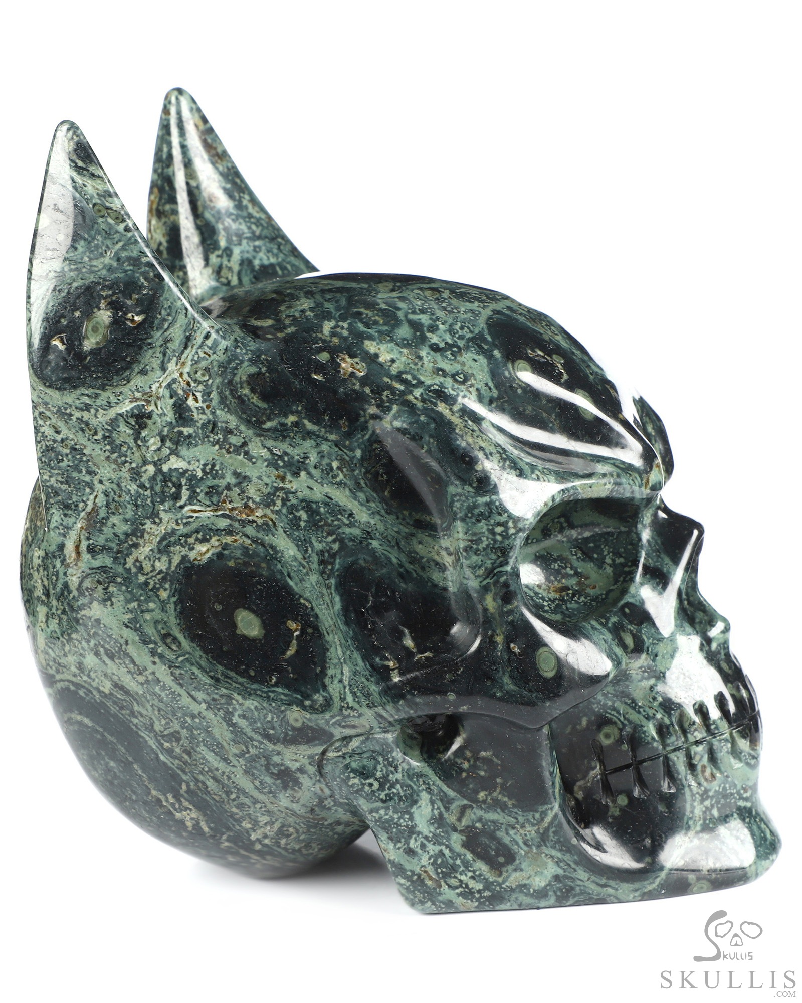 5.0" Kambaba Jasper Hand Carved Batman Crystal Skull Fine Art Sculpture, Crystal Healing 5.0" Kambaba Jasper Hand Carved Batman Crystal Skull Fine Art Sculpture, Crystal Healing