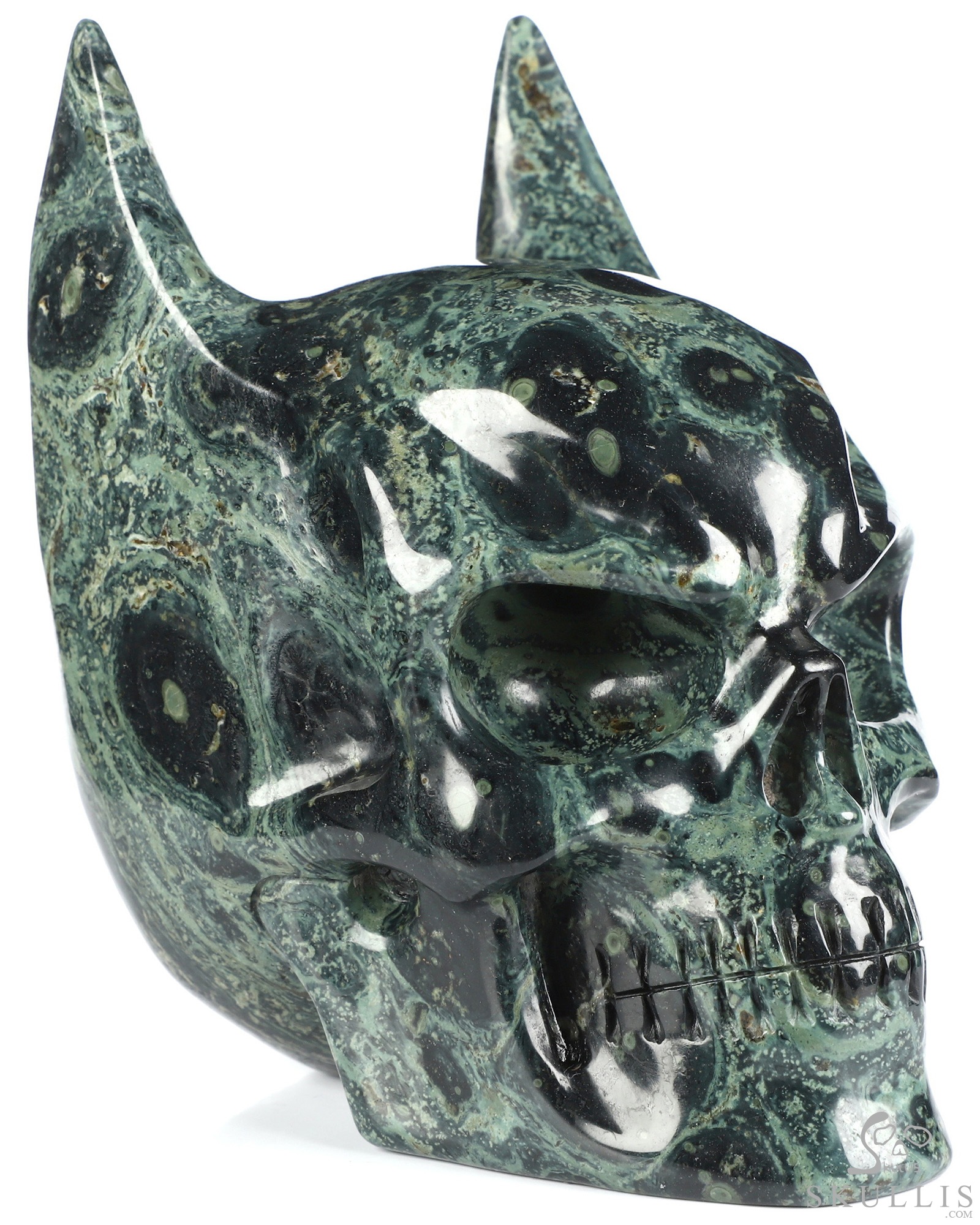 5.0" Kambaba Jasper Hand Carved Batman Crystal Skull Fine Art Sculpture, Crystal Healing 5.0" Kambaba Jasper Hand Carved Batman Crystal Skull Fine Art Sculpture, Crystal Healing