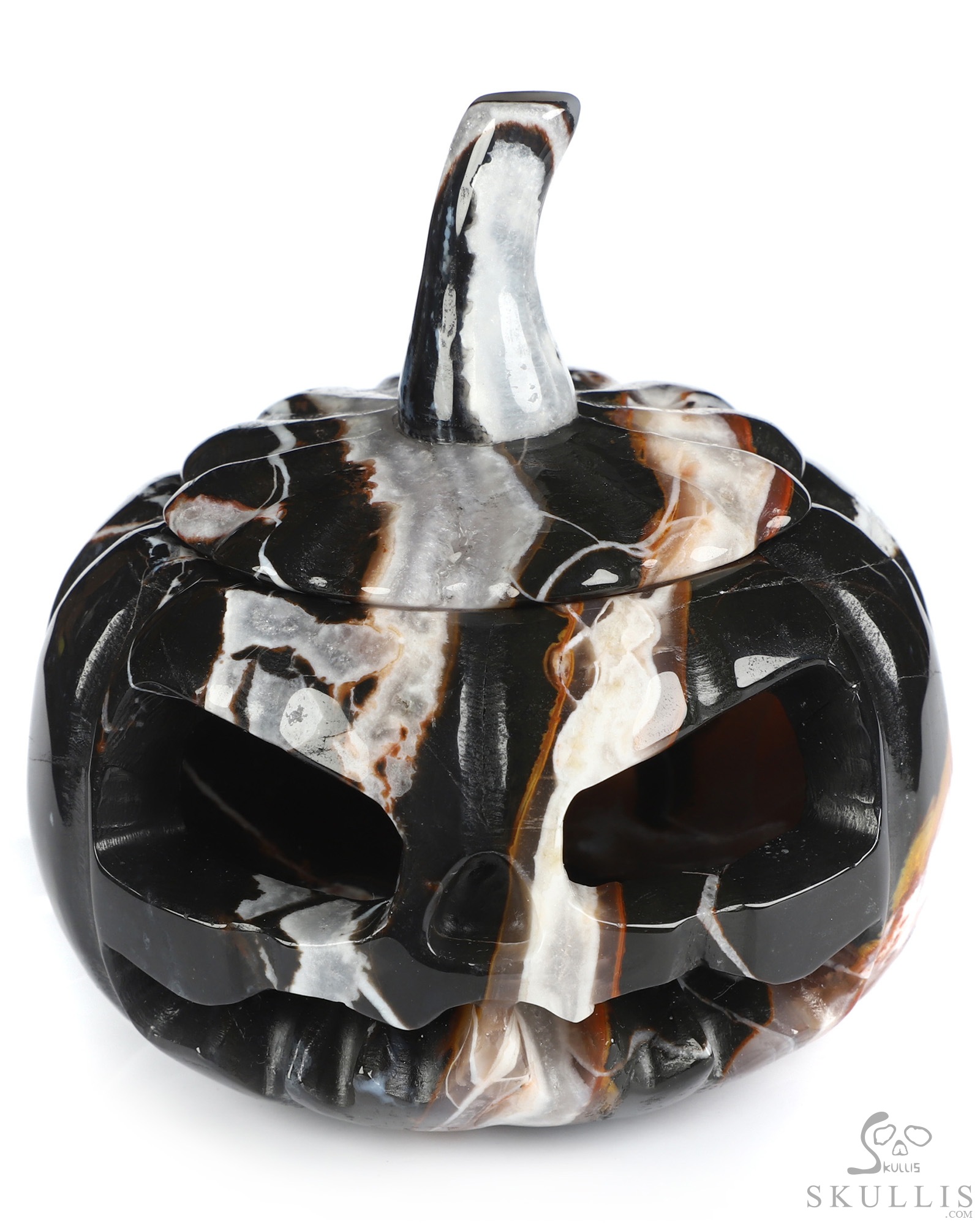 4.1" Black Zebra Agate Hand Carved Hollow Jack-O'-Lantern Pumpkin Crystal Skull Sculpture 4.1" Black Zebra Agate Hand Carved Hollow Jack-O'-Lantern Pumpkin Crystal Skull Sculpture