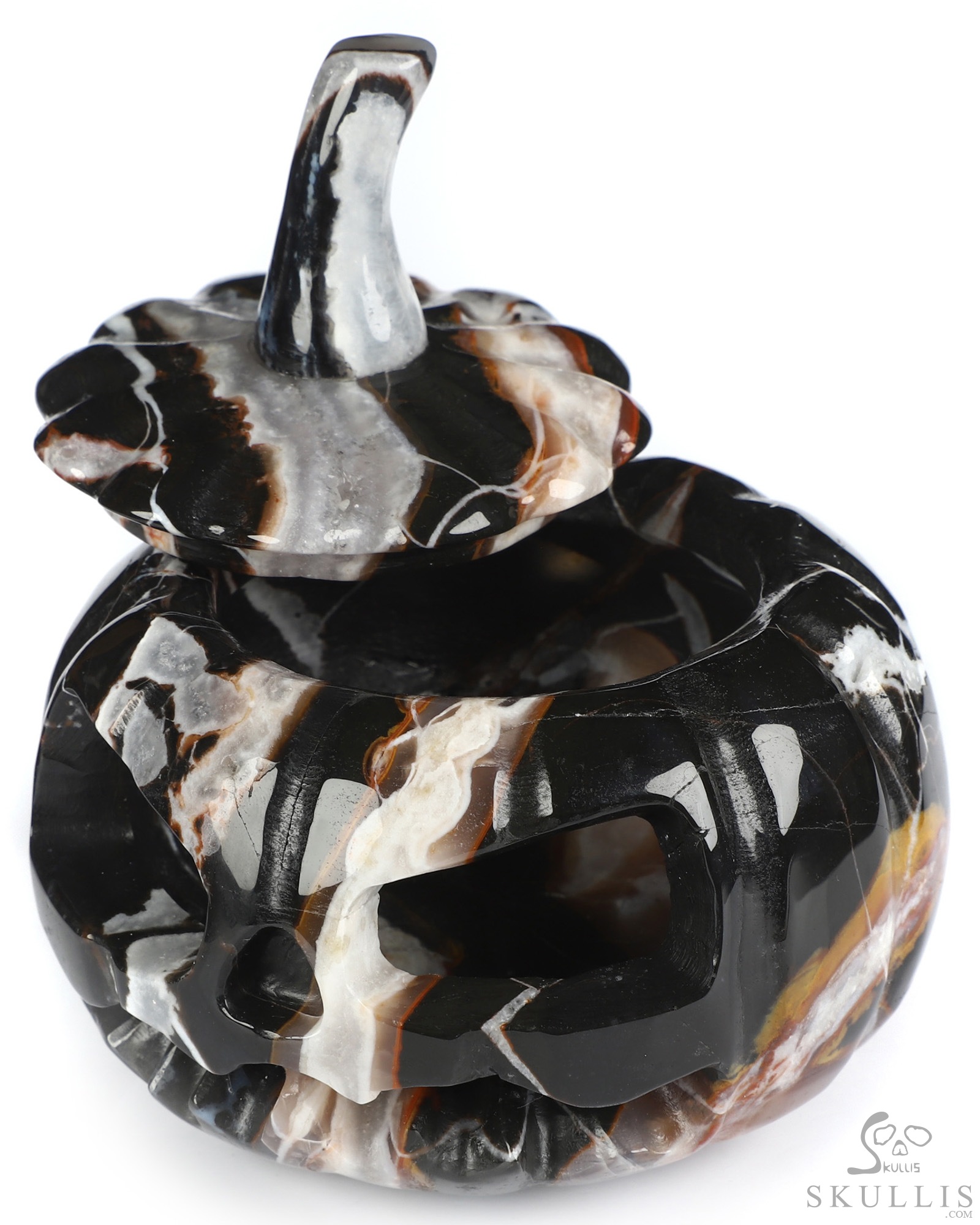 4.1" Black Zebra Agate Hand Carved Hollow Jack-O'-Lantern Pumpkin Crystal Skull Sculpture 4.1" Black Zebra Agate Hand Carved Hollow Jack-O'-Lantern Pumpkin Crystal Skull Sculpture