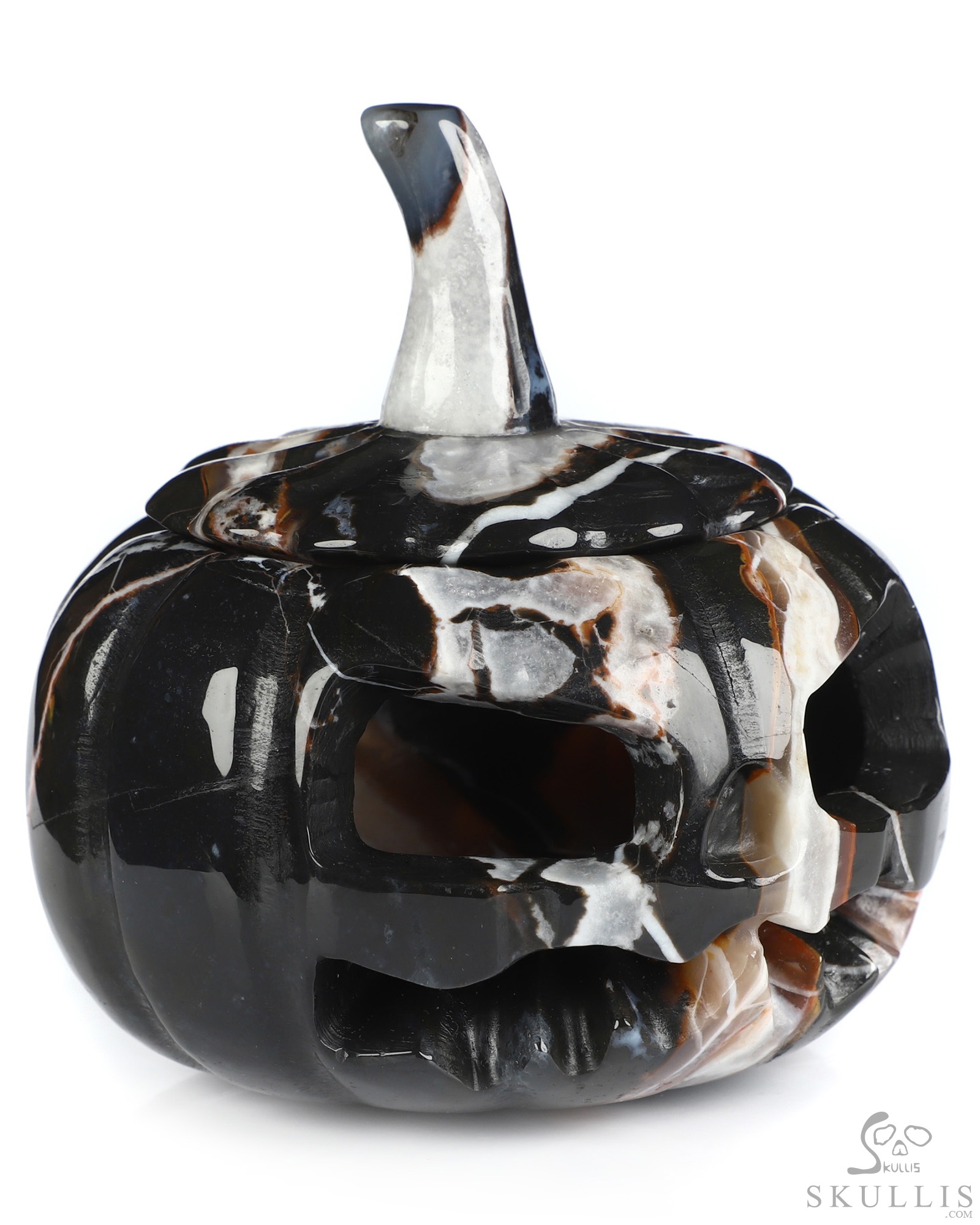4.1" Black Zebra Agate Hand Carved Hollow Jack-O'-Lantern Pumpkin Crystal Skull Sculpture 4.1" Black Zebra Agate Hand Carved Hollow Jack-O'-Lantern Pumpkin Crystal Skull Sculpture