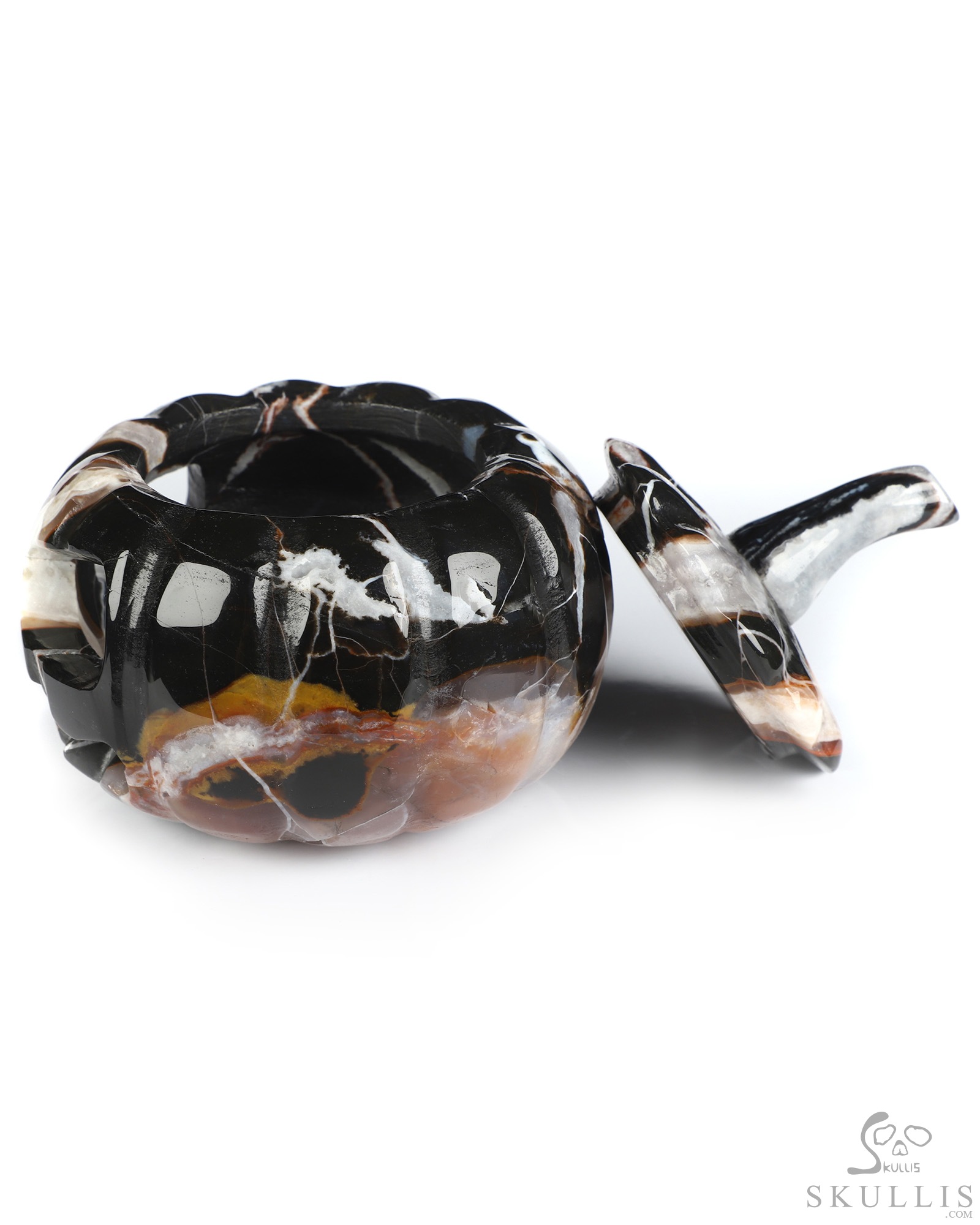 4.1" Black Zebra Agate Hand Carved Hollow Jack-O'-Lantern Pumpkin Crystal Skull Sculpture 4.1" Black Zebra Agate Hand Carved Hollow Jack-O'-Lantern Pumpkin Crystal Skull Sculpture