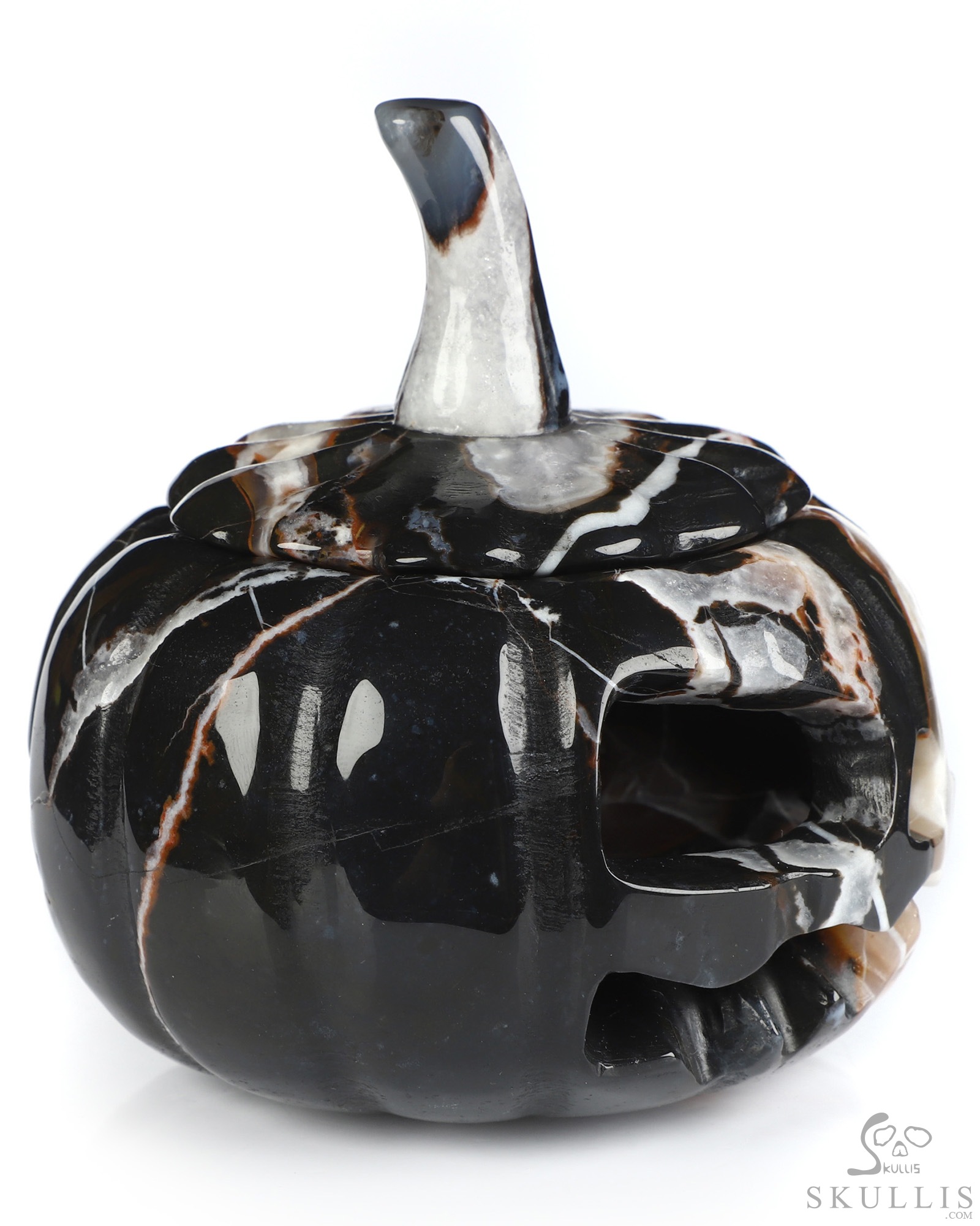 4.1" Black Zebra Agate Hand Carved Hollow Jack-O'-Lantern Pumpkin Crystal Skull Sculpture 4.1" Black Zebra Agate Hand Carved Hollow Jack-O'-Lantern Pumpkin Crystal Skull Sculpture