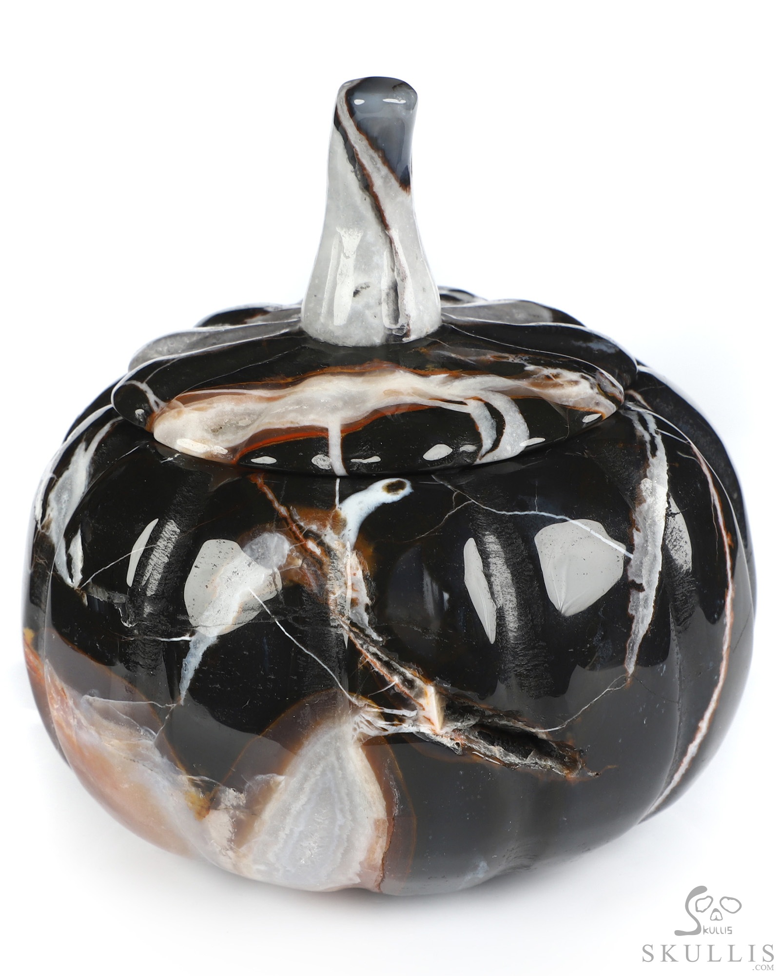 4.1" Black Zebra Agate Hand Carved Hollow Jack-O'-Lantern Pumpkin Crystal Skull Sculpture 4.1" Black Zebra Agate Hand Carved Hollow Jack-O'-Lantern Pumpkin Crystal Skull Sculpture
