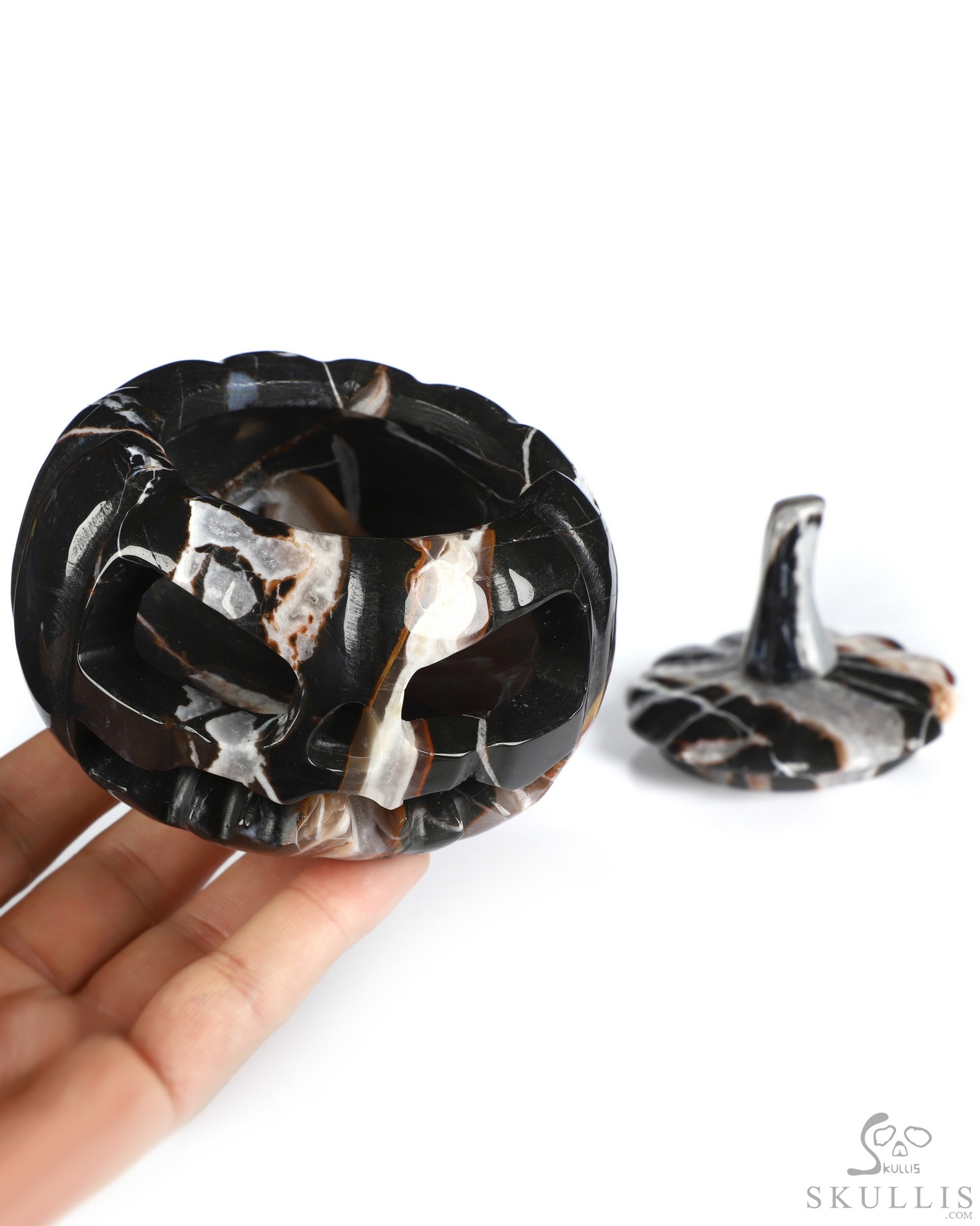 4.1" Black Zebra Agate Hand Carved Hollow Jack-O'-Lantern Pumpkin Crystal Skull Sculpture 4.1" Black Zebra Agate Hand Carved Hollow Jack-O'-Lantern Pumpkin Crystal Skull Sculpture