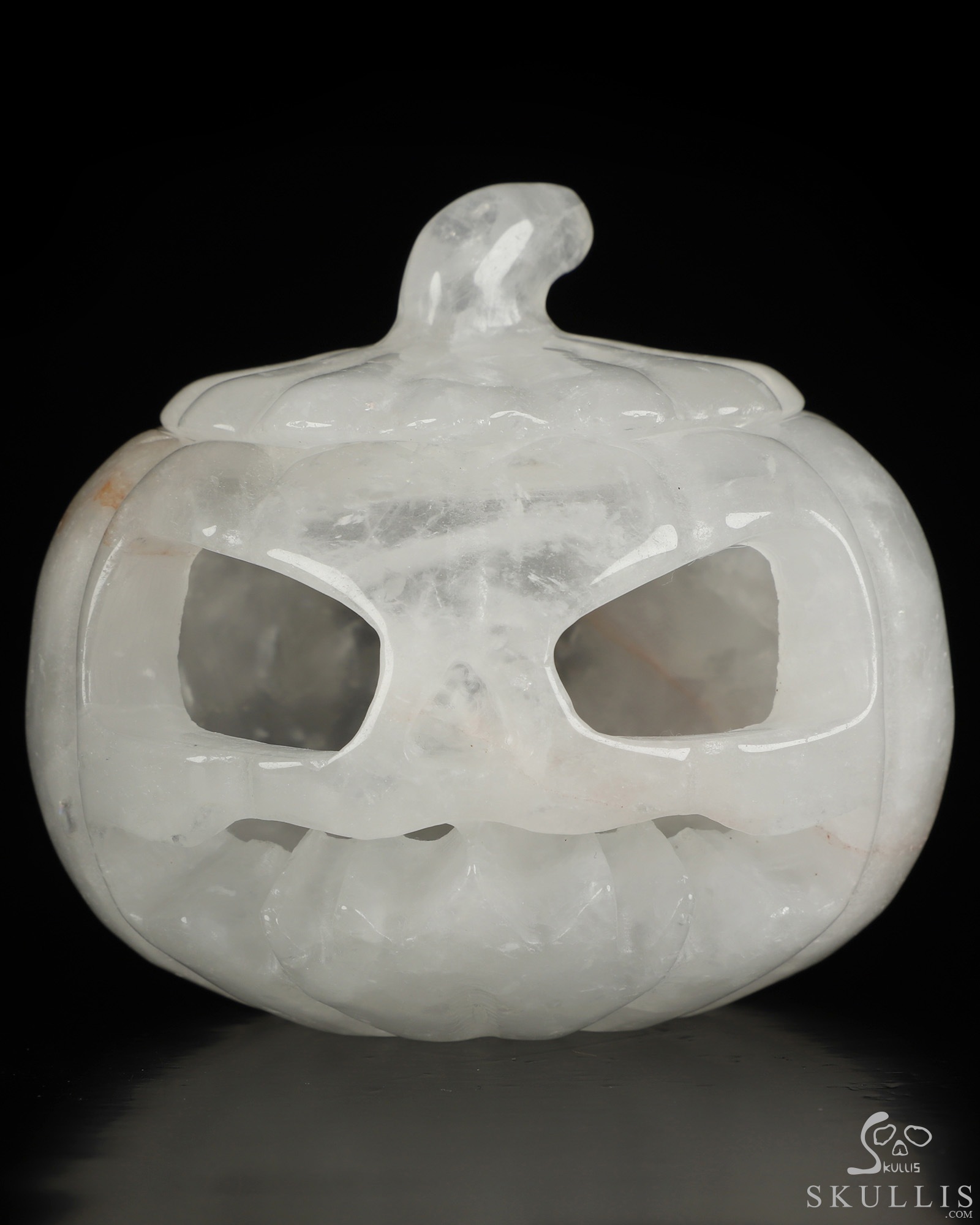 3.9" Quartz Rock Crystal Hand Carved Hollow Jack-O'-Lantern Pumpkin Crystal Skull Sculpture 3.9" Quartz Rock Crystal Hand Carved Hollow Jack-O'-Lantern Pumpkin Crystal Skull Sculpture