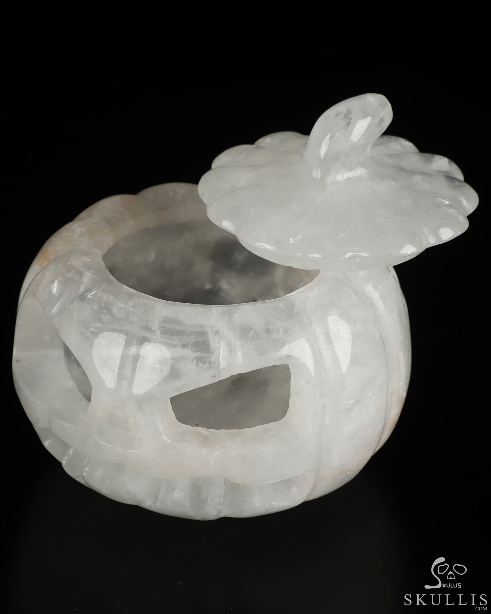 3.9" Quartz Rock Crystal Hand Carved Hollow Jack-O'-Lantern Pumpkin Crystal Skull Sculpture 3.9" Quartz Rock Crystal Hand Carved Hollow Jack-O'-Lantern Pumpkin Crystal Skull Sculpture