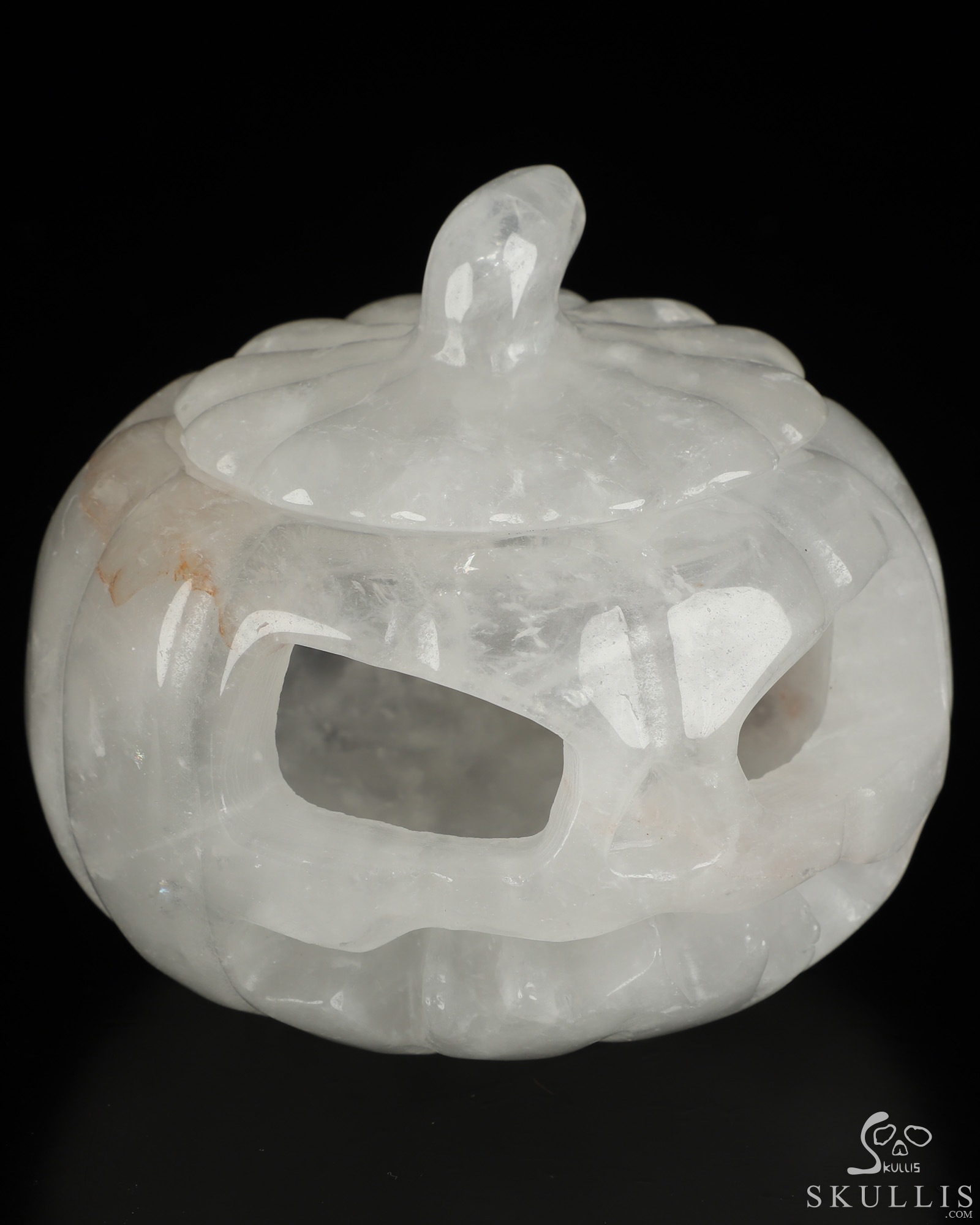 3.9" Quartz Rock Crystal Hand Carved Hollow Jack-O'-Lantern Pumpkin Crystal Skull Sculpture 3.9" Quartz Rock Crystal Hand Carved Hollow Jack-O'-Lantern Pumpkin Crystal Skull Sculpture