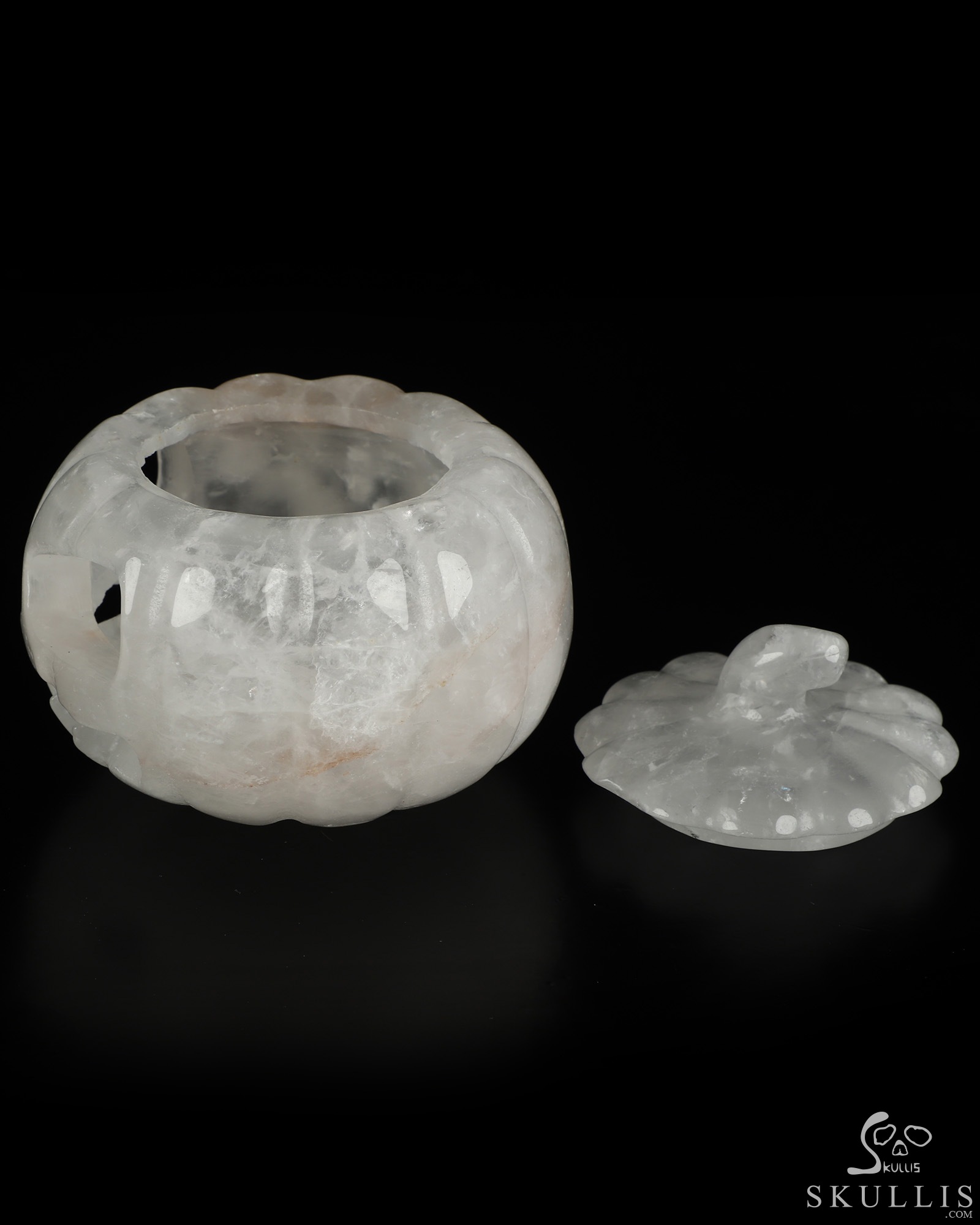3.9" Quartz Rock Crystal Hand Carved Hollow Jack-O'-Lantern Pumpkin Crystal Skull Sculpture 3.9" Quartz Rock Crystal Hand Carved Hollow Jack-O'-Lantern Pumpkin Crystal Skull Sculpture