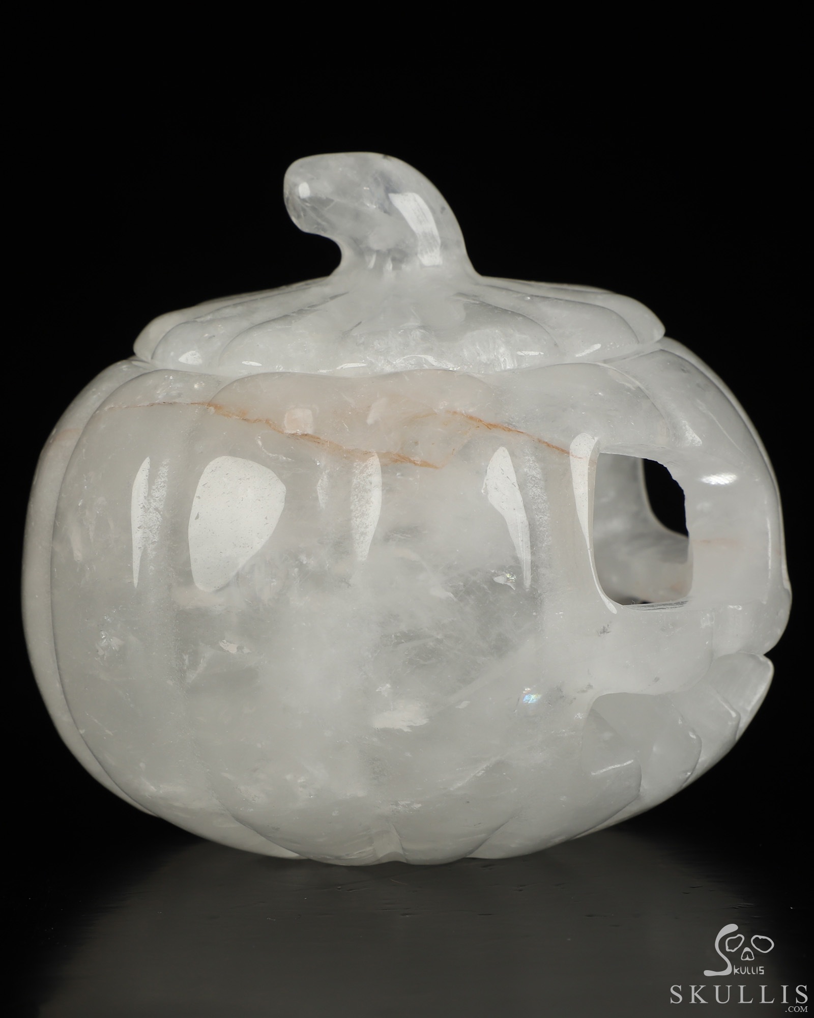 3.9" Quartz Rock Crystal Hand Carved Hollow Jack-O'-Lantern Pumpkin Crystal Skull Sculpture 3.9" Quartz Rock Crystal Hand Carved Hollow Jack-O'-Lantern Pumpkin Crystal Skull Sculpture