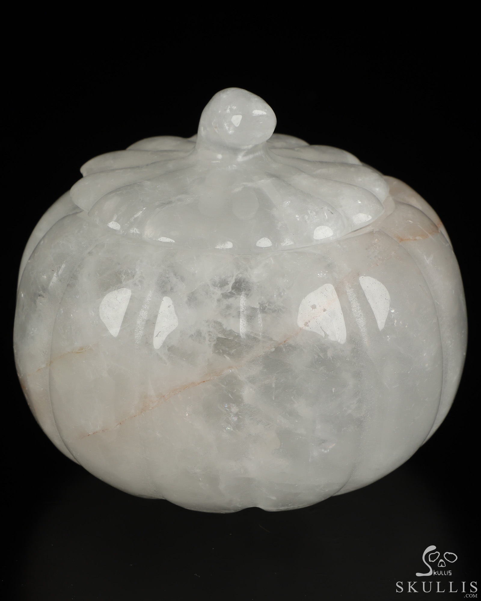 3.9" Quartz Rock Crystal Hand Carved Hollow Jack-O'-Lantern Pumpkin Crystal Skull Sculpture 3.9" Quartz Rock Crystal Hand Carved Hollow Jack-O'-Lantern Pumpkin Crystal Skull Sculpture