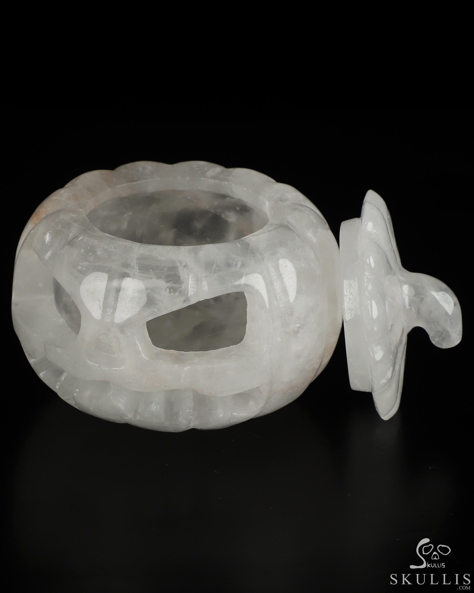 3.9" Quartz Rock Crystal Hand Carved Hollow Jack-O'-Lantern Pumpkin Crystal Skull Sculpture 3.9" Quartz Rock Crystal Hand Carved Hollow Jack-O'-Lantern Pumpkin Crystal Skull Sculpture