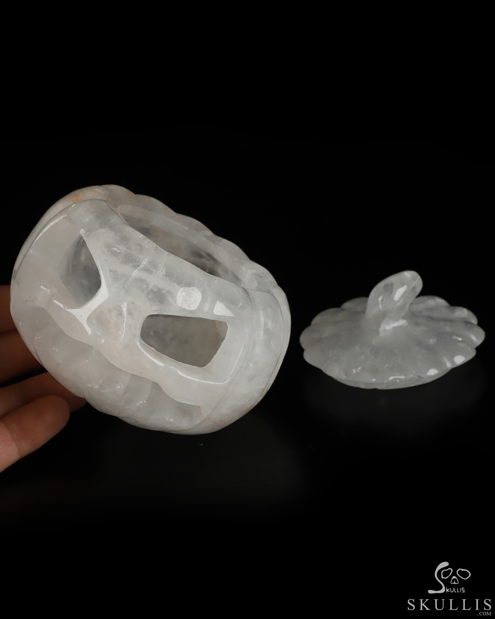3.9" Quartz Rock Crystal Hand Carved Hollow Jack-O'-Lantern Pumpkin Crystal Skull Sculpture 3.9" Quartz Rock Crystal Hand Carved Hollow Jack-O'-Lantern Pumpkin Crystal Skull Sculpture