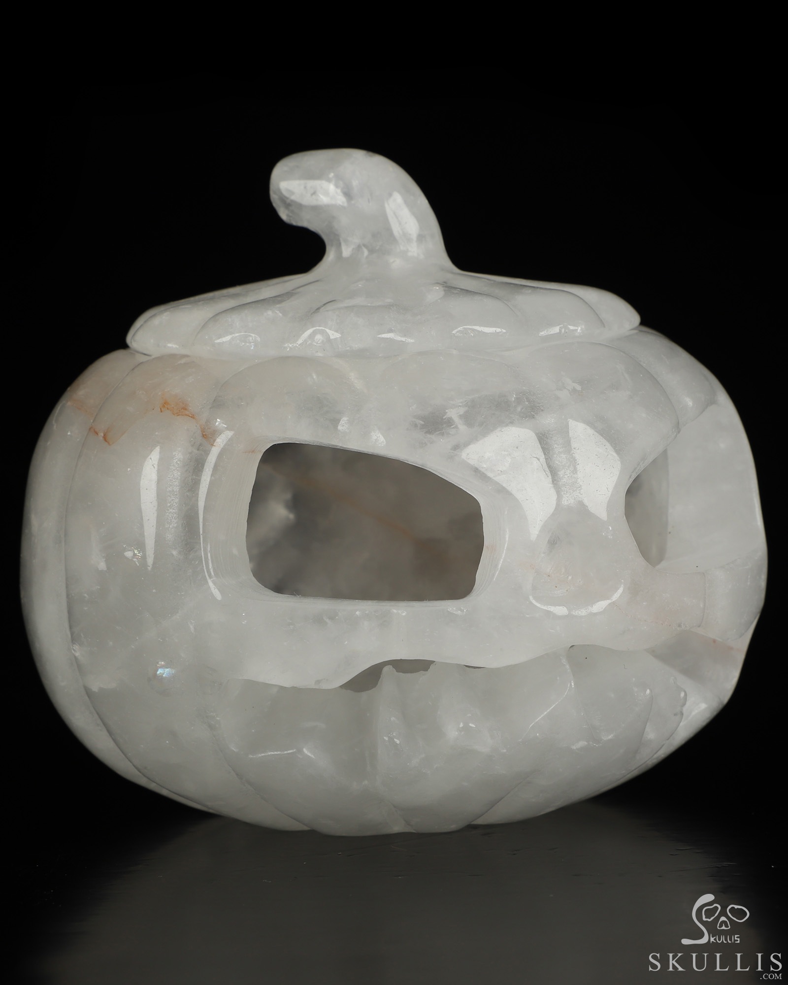 3.9" Quartz Rock Crystal Hand Carved Hollow Jack-O'-Lantern Pumpkin Crystal Skull Sculpture 3.9" Quartz Rock Crystal Hand Carved Hollow Jack-O'-Lantern Pumpkin Crystal Skull Sculpture
