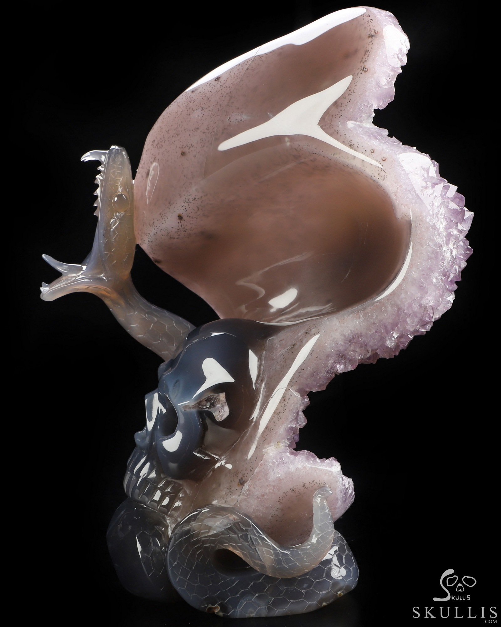 Sept 24, 2026 ACSAD (A Crystal Skull a Day) - Lilith’s Crown - 8.0" Agate Amethyst Druse Hand Carved Serpent & Crystal Skull Sculpture, Crystal Healing Sept 24, 2026 ACSAD (A Crystal Skull a Day) - Lilith’s Crown - 8.0" Agate Amethyst Druse Hand Carved Serpent & Crystal Skull Sculpture, Crystal Healing