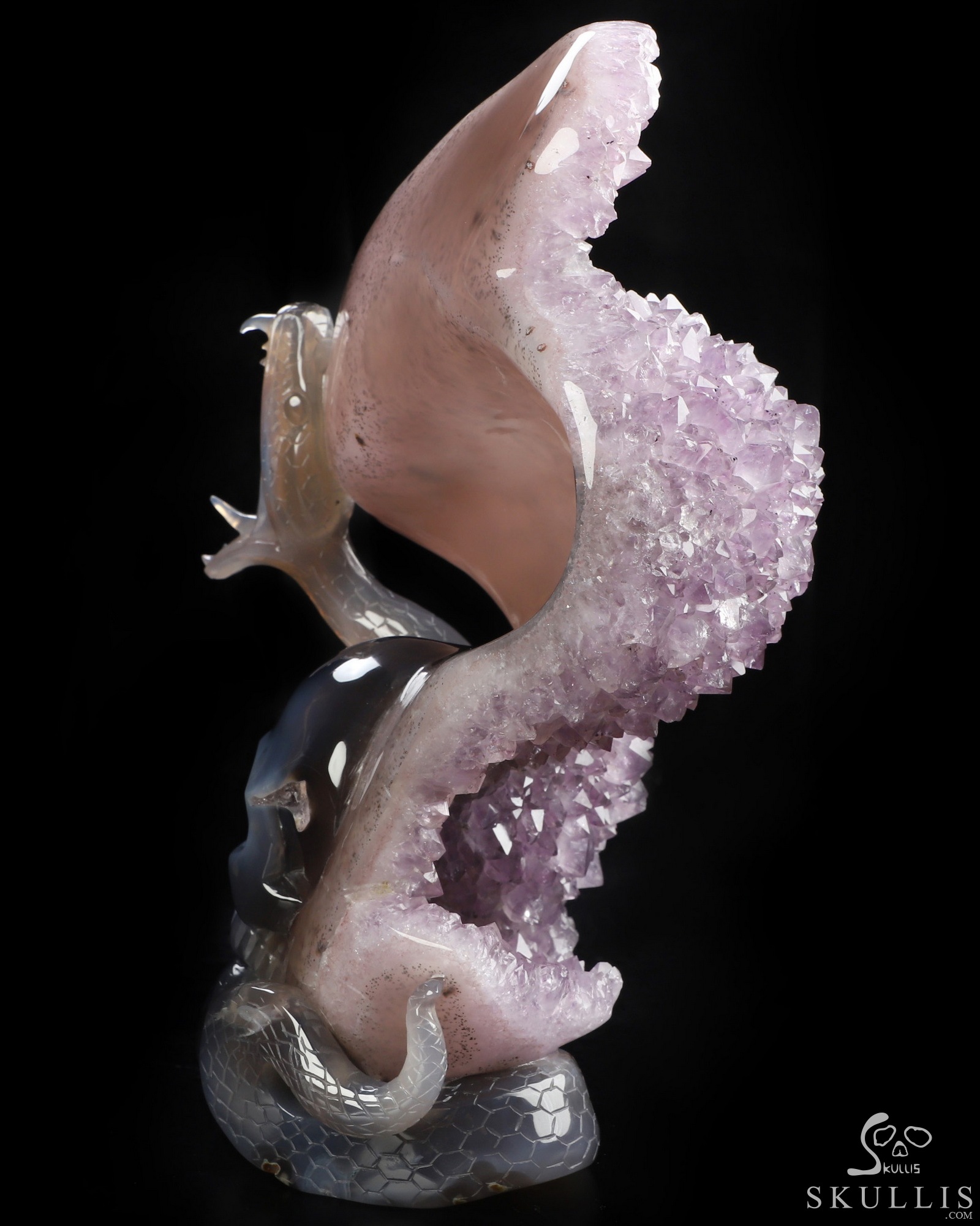 Sept 24, 2026 ACSAD (A Crystal Skull a Day) - Lilith’s Crown - 8.0" Agate Amethyst Druse Hand Carved Serpent & Crystal Skull Sculpture, Crystal Healing Sept 24, 2026 ACSAD (A Crystal Skull a Day) - Lilith’s Crown - 8.0" Agate Amethyst Druse Hand Carved Serpent & Crystal Skull Sculpture, Crystal Healing