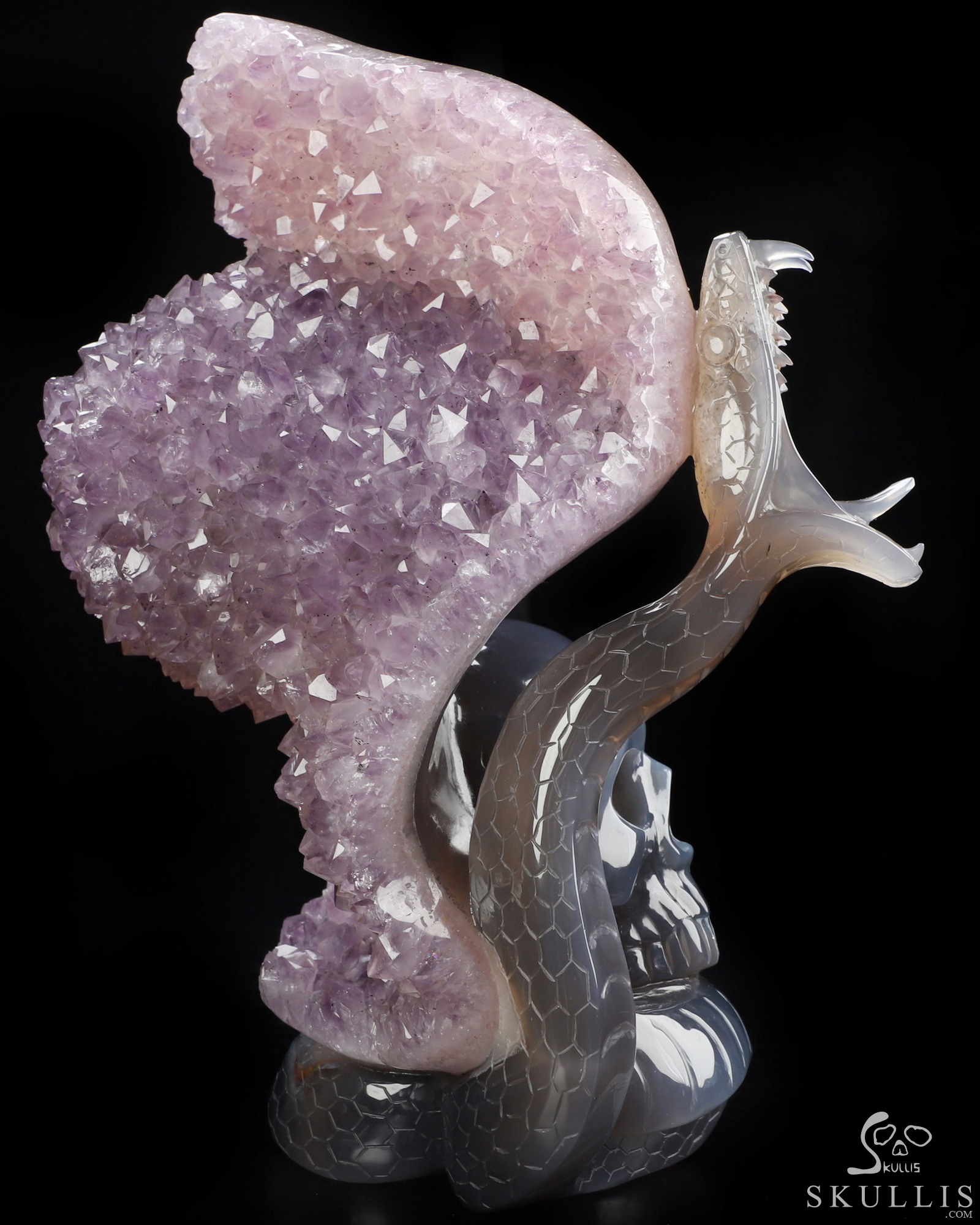 Sept 24, 2026 ACSAD (A Crystal Skull a Day) - Lilith’s Crown - 8.0" Agate Amethyst Druse Hand Carved Serpent & Crystal Skull Sculpture, Crystal Healing Sept 24, 2026 ACSAD (A Crystal Skull a Day) - Lilith’s Crown - 8.0" Agate Amethyst Druse Hand Carved Serpent & Crystal Skull Sculpture, Crystal Healing