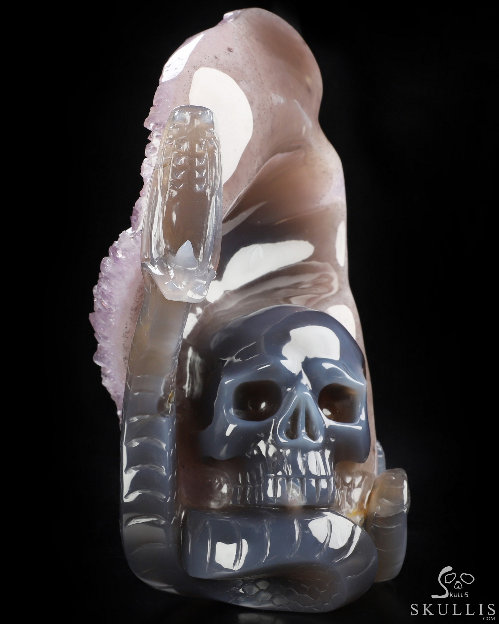 Sept 24, 2026 ACSAD (A Crystal Skull a Day) - Lilith’s Crown - 8.0" Agate Amethyst Druse Hand Carved Serpent & Crystal Skull Sculpture, Crystal Healing Sept 24, 2026 ACSAD (A Crystal Skull a Day) - Lilith’s Crown - 8.0" Agate Amethyst Druse Hand Carved Serpent & Crystal Skull Sculpture, Crystal Healing