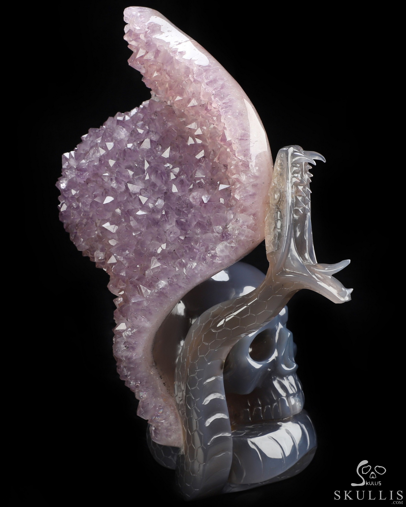 Sept 24, 2026 ACSAD (A Crystal Skull a Day) - Lilith’s Crown - 8.0" Agate Amethyst Druse Hand Carved Serpent & Crystal Skull Sculpture, Crystal Healing Sept 24, 2026 ACSAD (A Crystal Skull a Day) - Lilith’s Crown - 8.0" Agate Amethyst Druse Hand Carved Serpent & Crystal Skull Sculpture, Crystal Healing