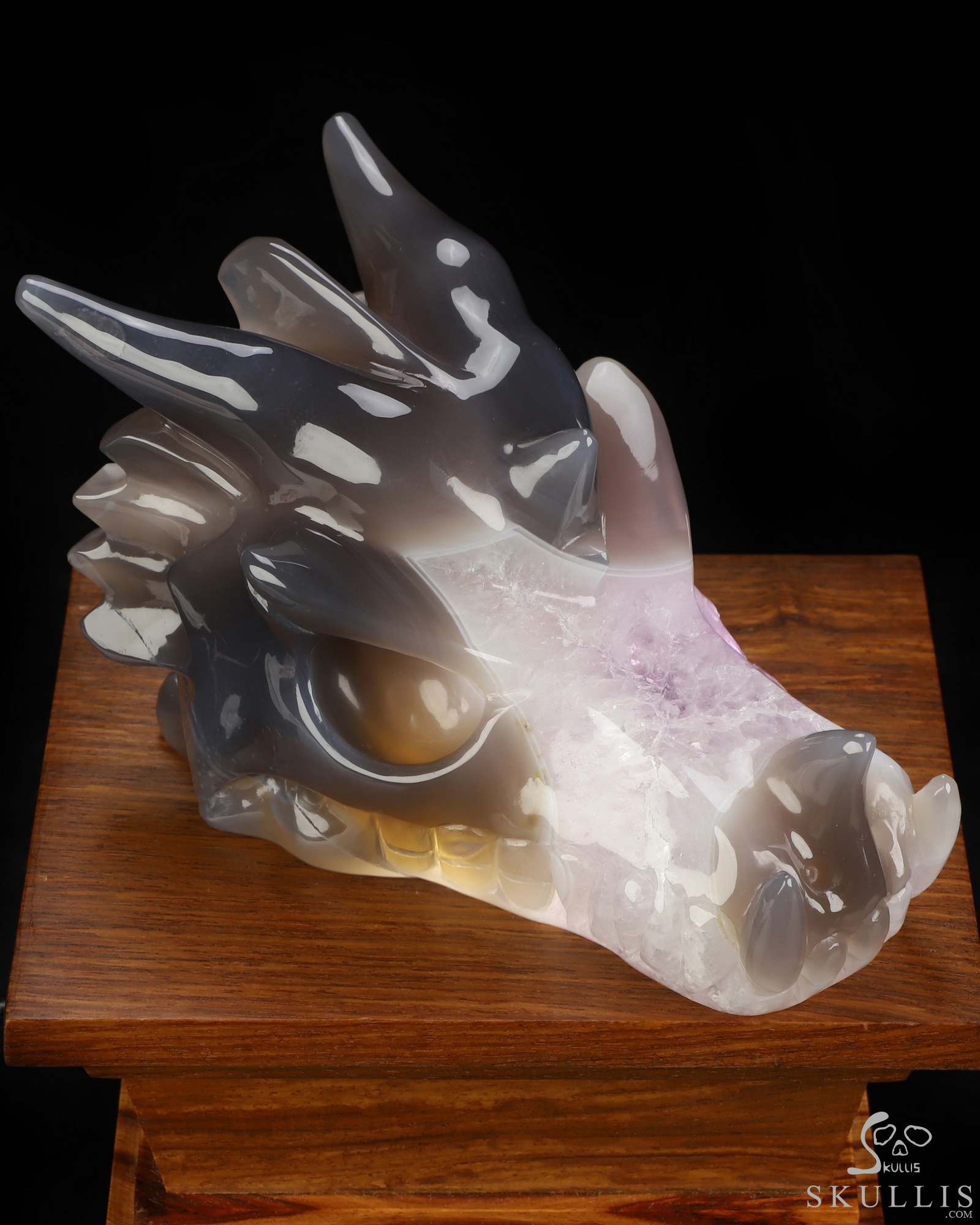 5.6" Agate Amethyst Druse Hand Carved Crystal Dragon Skull Sculpture, Crystal Healing 5.6" Agate Amethyst Druse Hand Carved Crystal Dragon Skull Sculpture, Crystal Healing
