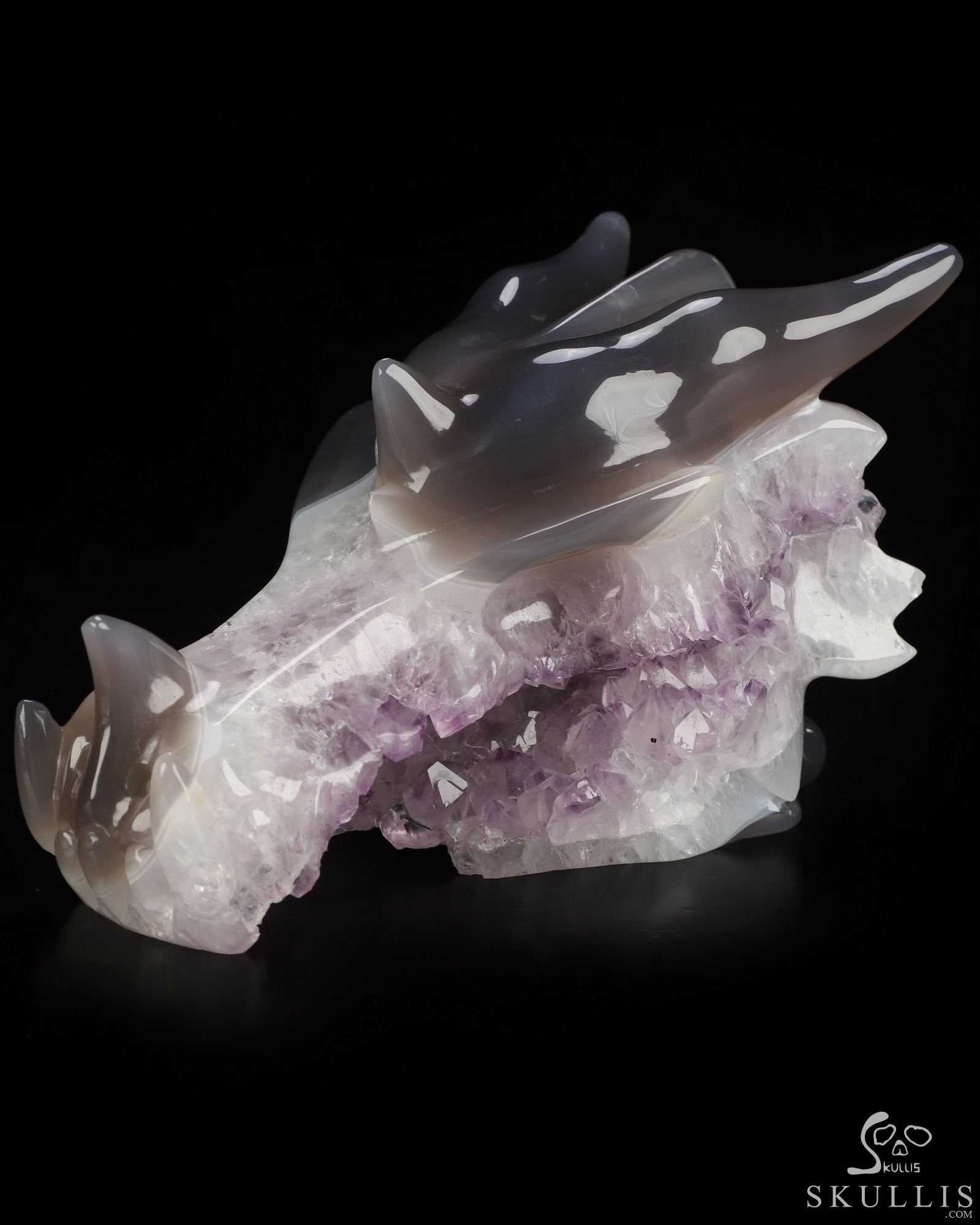 5.6" Agate Amethyst Druse Hand Carved Crystal Dragon Skull Sculpture, Crystal Healing 5.6" Agate Amethyst Druse Hand Carved Crystal Dragon Skull Sculpture, Crystal Healing