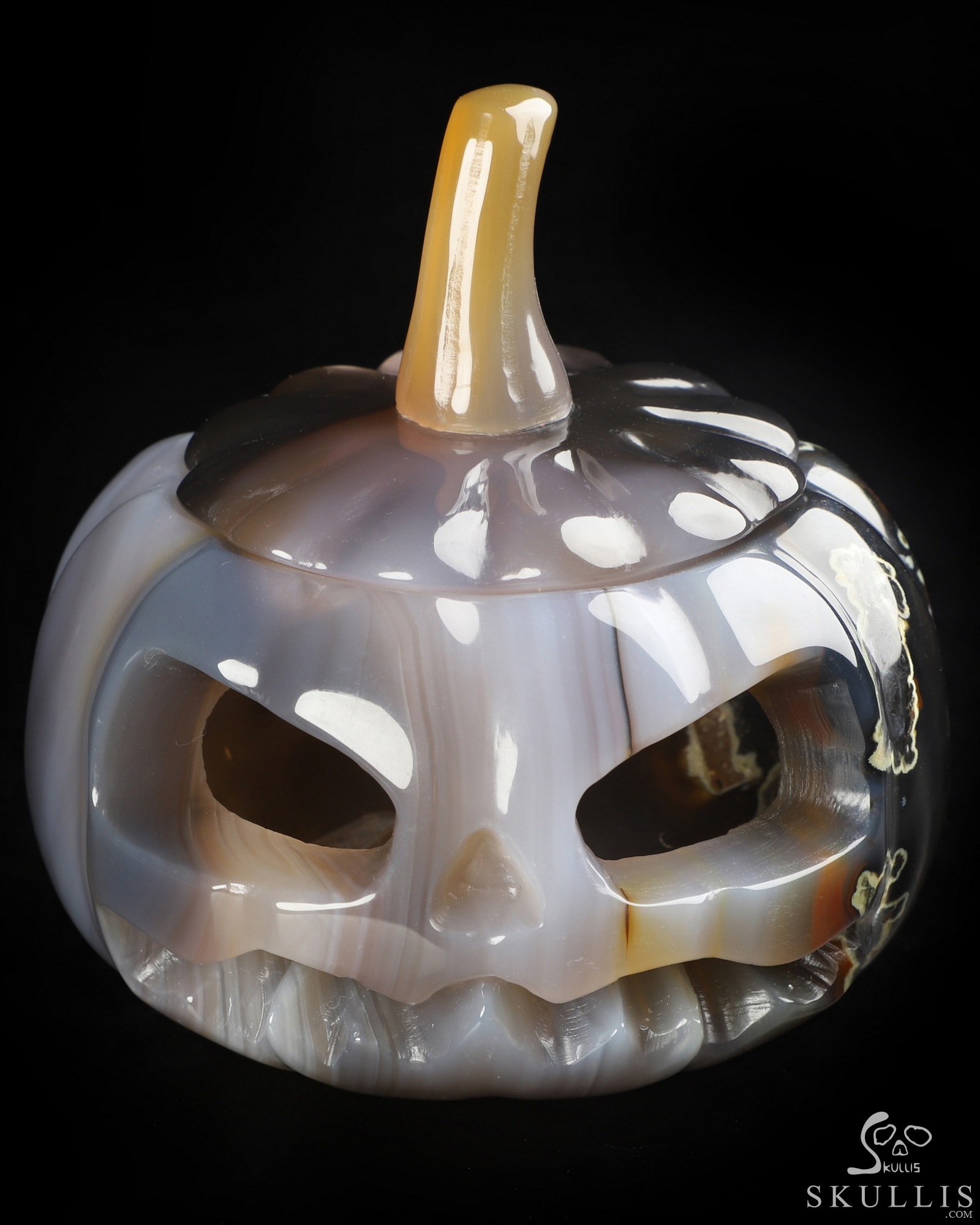 4.0" Premium Brazilian Agate Hand Carved Hollow Jack-O'-Lantern Pumpkin Crystal Skull Sculpture, Crystal Healing 4.0" Premium Brazilian Agate Hand Carved Hollow Jack-O'-Lantern Pumpkin Crystal Skull Sculpture, Crystal Healing