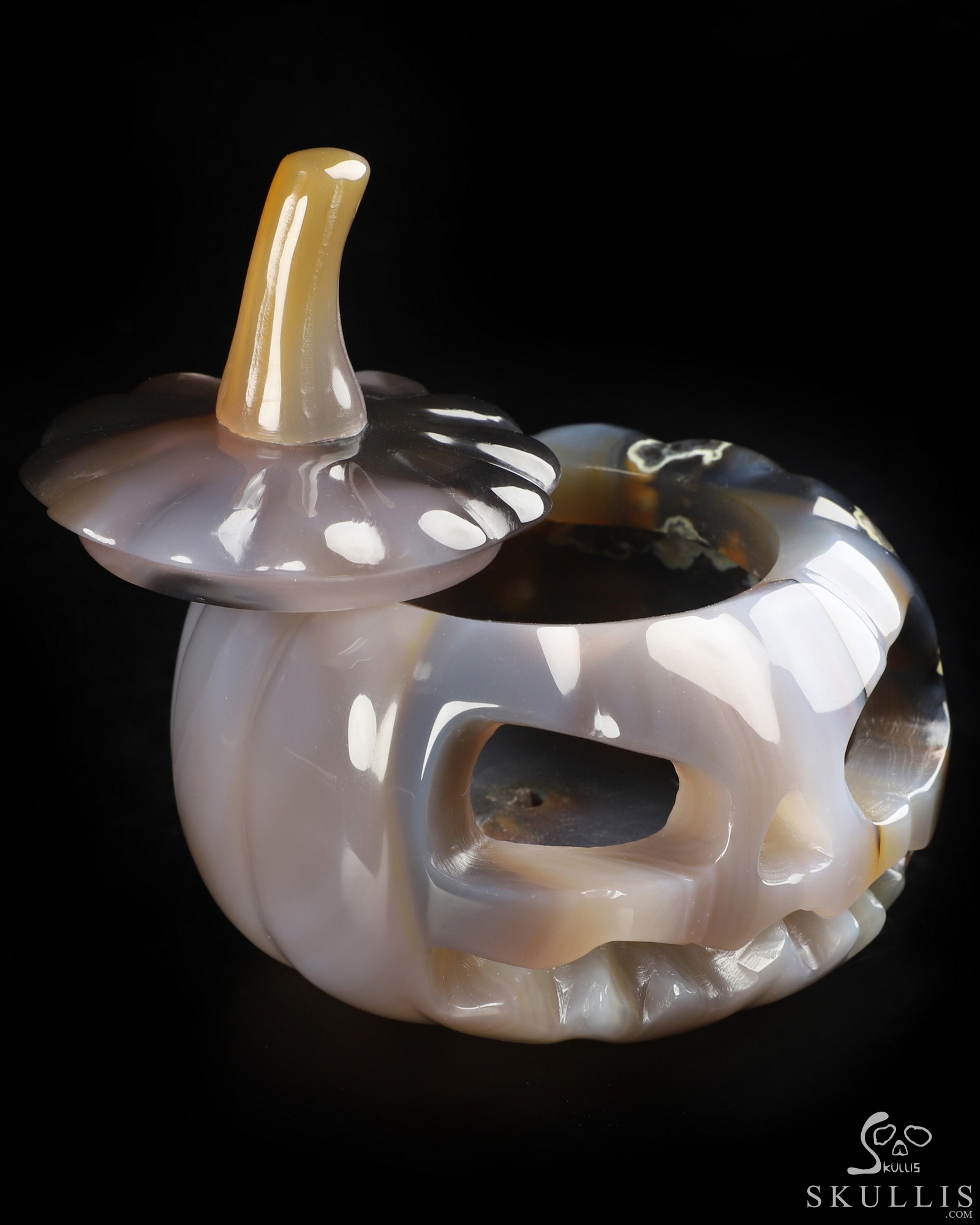 4.0" Premium Brazilian Agate Hand Carved Hollow Jack-O'-Lantern Pumpkin Crystal Skull Sculpture, Crystal Healing 4.0" Premium Brazilian Agate Hand Carved Hollow Jack-O'-Lantern Pumpkin Crystal Skull Sculpture, Crystal Healing