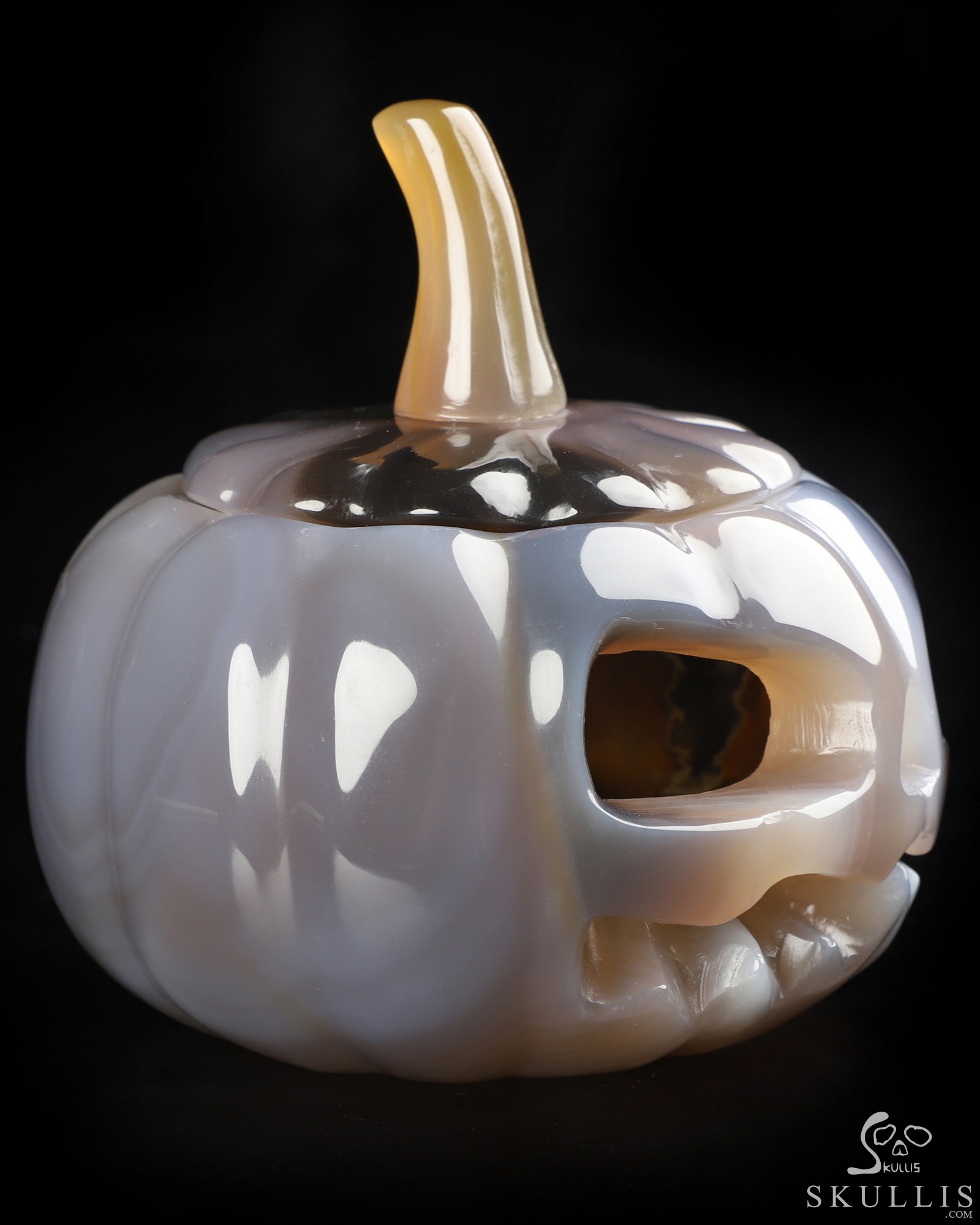 4.0" Premium Brazilian Agate Hand Carved Hollow Jack-O'-Lantern Pumpkin Crystal Skull Sculpture, Crystal Healing 4.0" Premium Brazilian Agate Hand Carved Hollow Jack-O'-Lantern Pumpkin Crystal Skull Sculpture, Crystal Healing