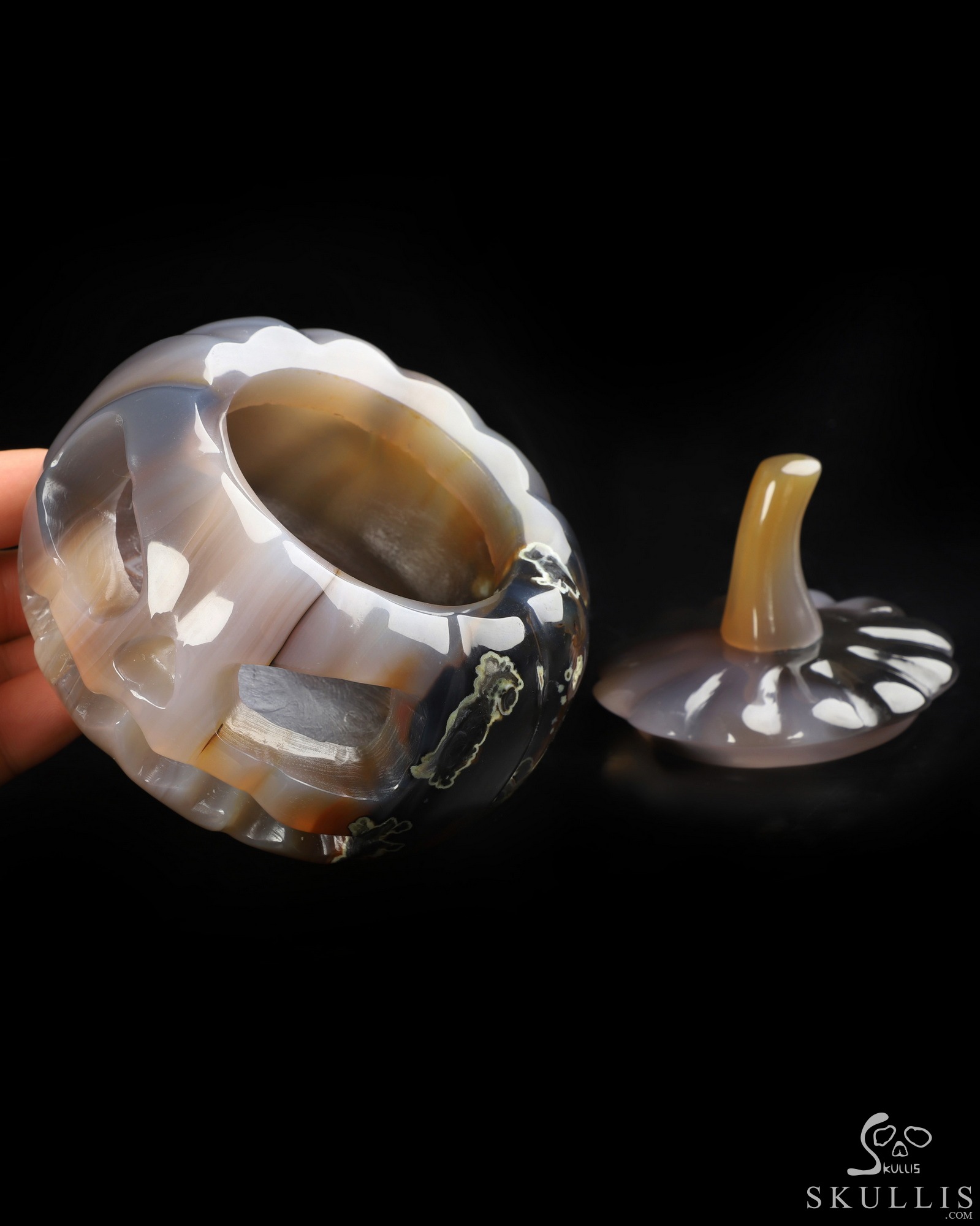 4.0" Premium Brazilian Agate Hand Carved Hollow Jack-O'-Lantern Pumpkin Crystal Skull Sculpture, Crystal Healing 4.0" Premium Brazilian Agate Hand Carved Hollow Jack-O'-Lantern Pumpkin Crystal Skull Sculpture, Crystal Healing
