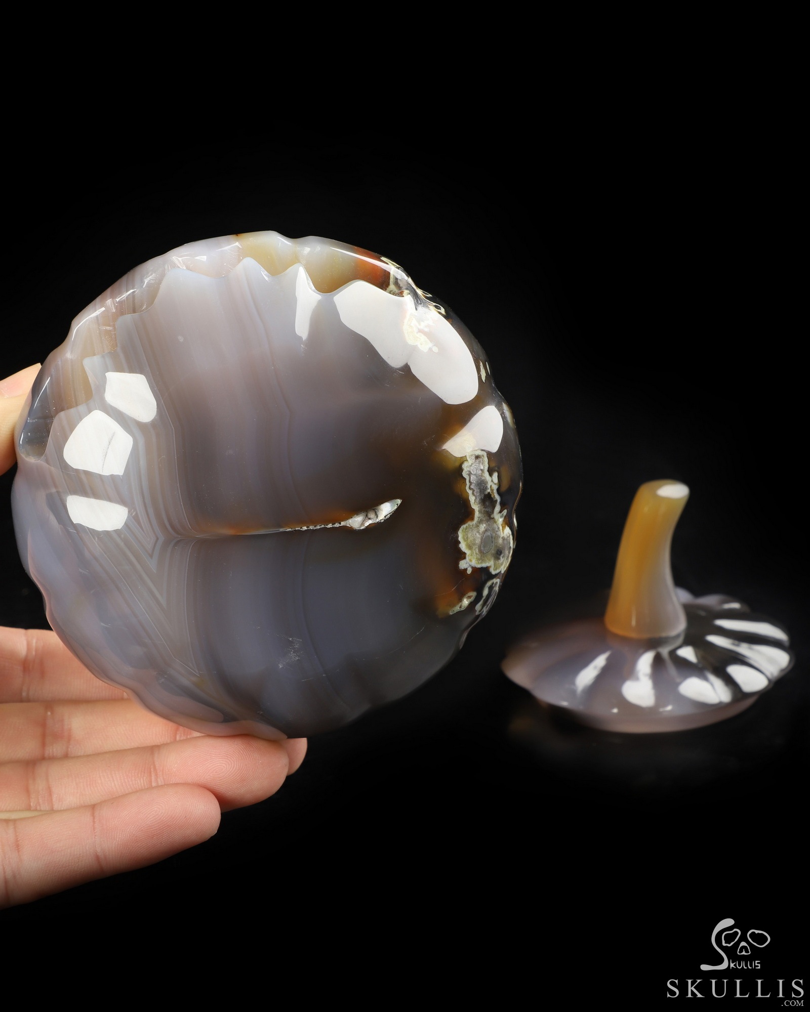 4.0" Premium Brazilian Agate Hand Carved Hollow Jack-O'-Lantern Pumpkin Crystal Skull Sculpture, Crystal Healing 4.0" Premium Brazilian Agate Hand Carved Hollow Jack-O'-Lantern Pumpkin Crystal Skull Sculpture, Crystal Healing