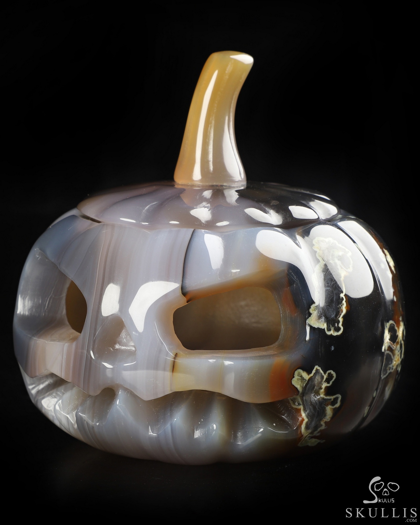 4.0" Premium Brazilian Agate Hand Carved Hollow Jack-O'-Lantern Pumpkin Crystal Skull Sculpture, Crystal Healing 4.0" Premium Brazilian Agate Hand Carved Hollow Jack-O'-Lantern Pumpkin Crystal Skull Sculpture, Crystal Healing