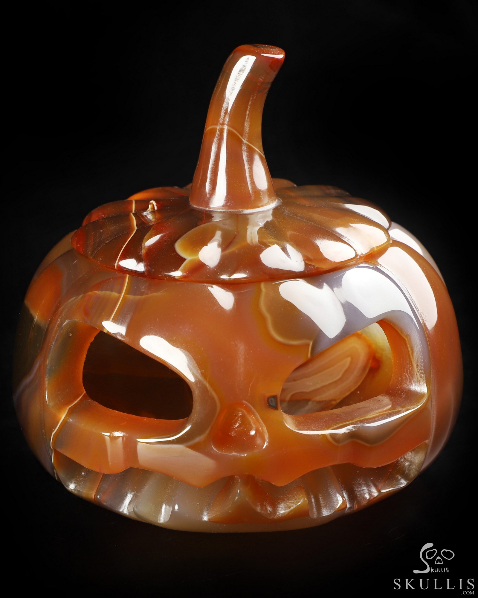 4.0" Premium Brazilian Agate Hand Carved Hollow Jack-O'-Lantern Pumpkin Crystal Skull Sculpture, Crystal Healing 4.0" Premium Brazilian Agate Hand Carved Hollow Jack-O'-Lantern Pumpkin Crystal Skull Sculpture, Crystal Healing