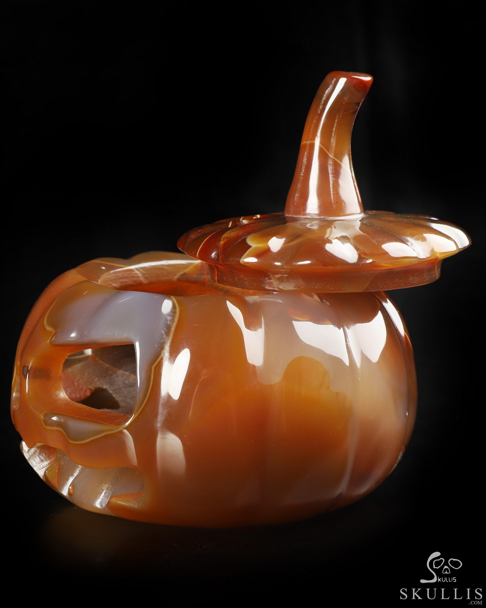 4.0" Premium Brazilian Agate Hand Carved Hollow Jack-O'-Lantern Pumpkin Crystal Skull Sculpture, Crystal Healing 4.0" Premium Brazilian Agate Hand Carved Hollow Jack-O'-Lantern Pumpkin Crystal Skull Sculpture, Crystal Healing
