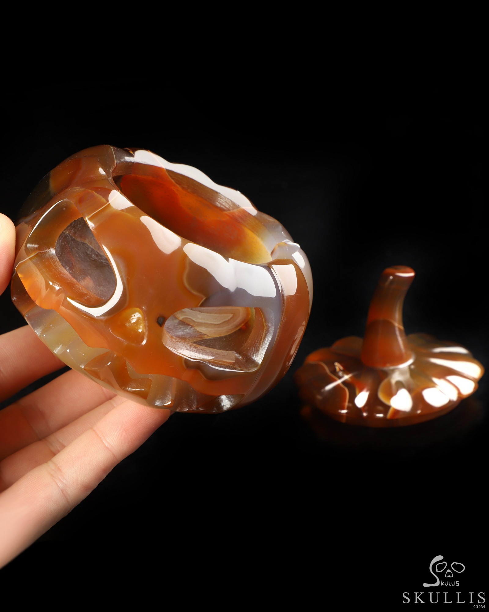 4.0" Premium Brazilian Agate Hand Carved Hollow Jack-O'-Lantern Pumpkin Crystal Skull Sculpture, Crystal Healing 4.0" Premium Brazilian Agate Hand Carved Hollow Jack-O'-Lantern Pumpkin Crystal Skull Sculpture, Crystal Healing