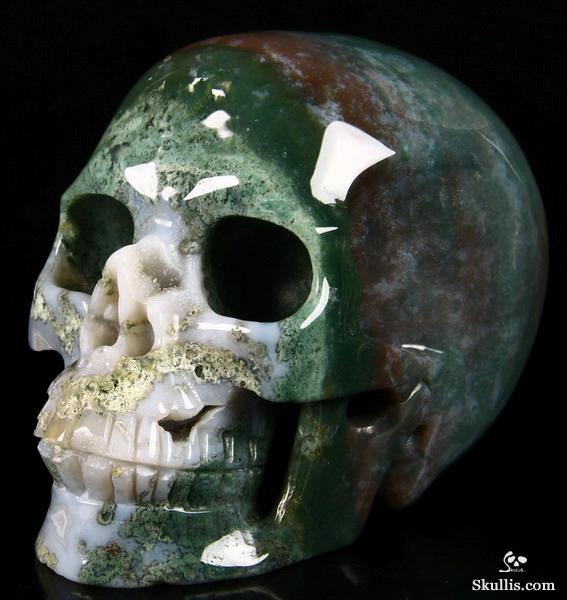 Geode Huge 5.2" Green Moss Agate Carved Crystal Skull, Realistic Geode Huge 5.2" Green Moss Agate Carved Crystal Skull, Realistic